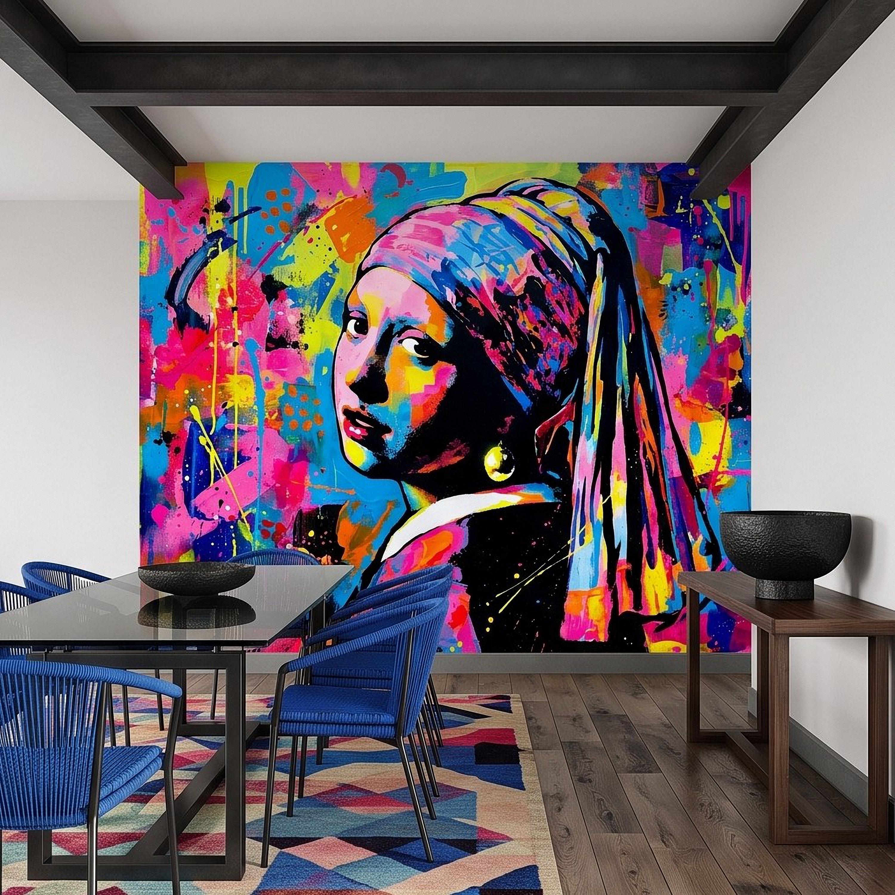 Girl with a Pearl Earring Peel and Stick Wall Mural, Colorful Graffiti Portrait Famous Painting Street Style Pop Culture Vibrant Wallpaper