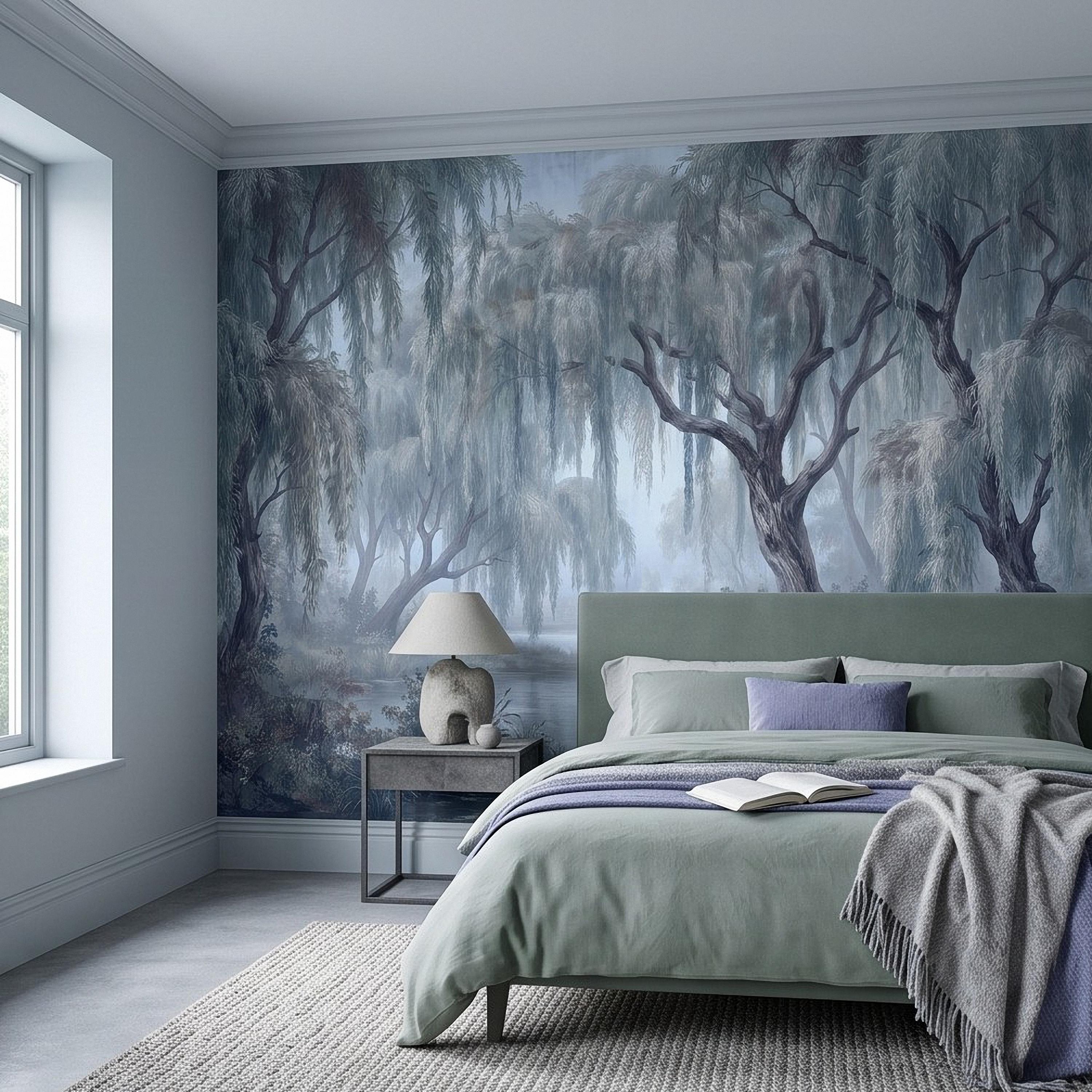 Weeping Willow Peel and Stick Wall Mural, Misty Blue Forest Lake Landscape Vintage Botanical Trees Serene Romantic Scenic Painting Wallpaper