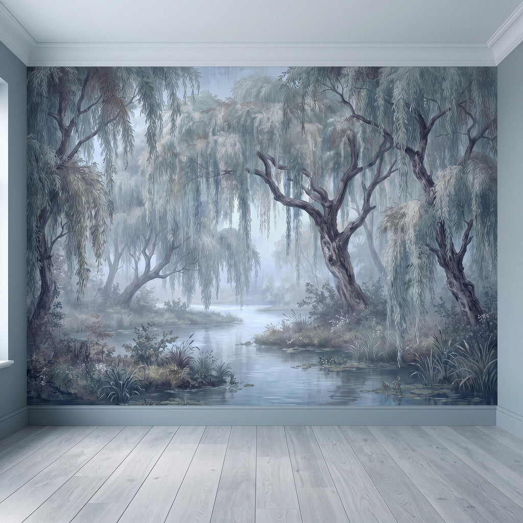 Weeping Willow Peel and Stick Wall Mural, Misty Blue Forest Lake Landscape Vintage Botanical Trees Serene Romantic Scenic Painting Wallpaper