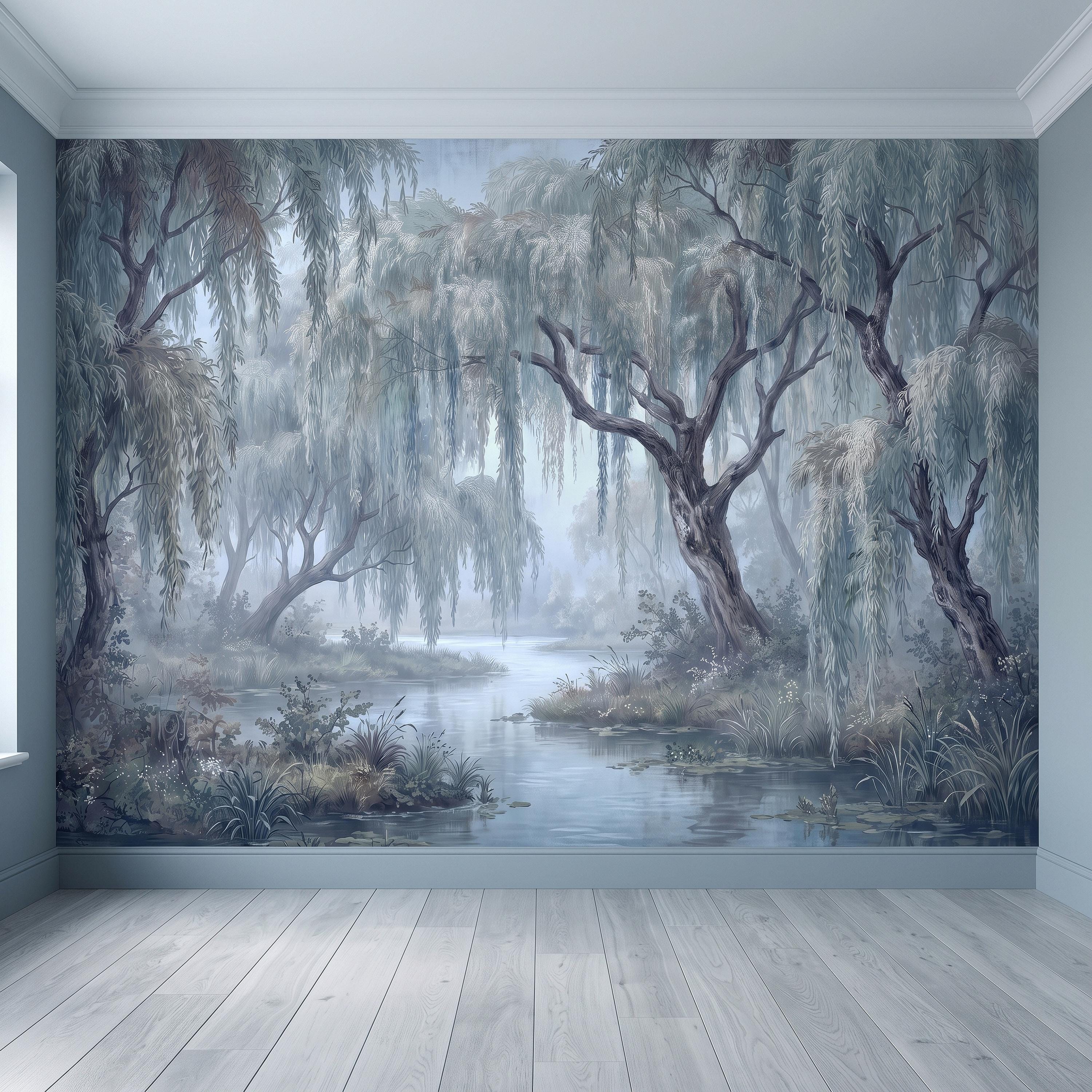 Weeping Willow Peel and Stick Wall Mural, Misty Blue Forest Lake Landscape Vintage Botanical Trees Serene Romantic Scenic Painting Wallpaper