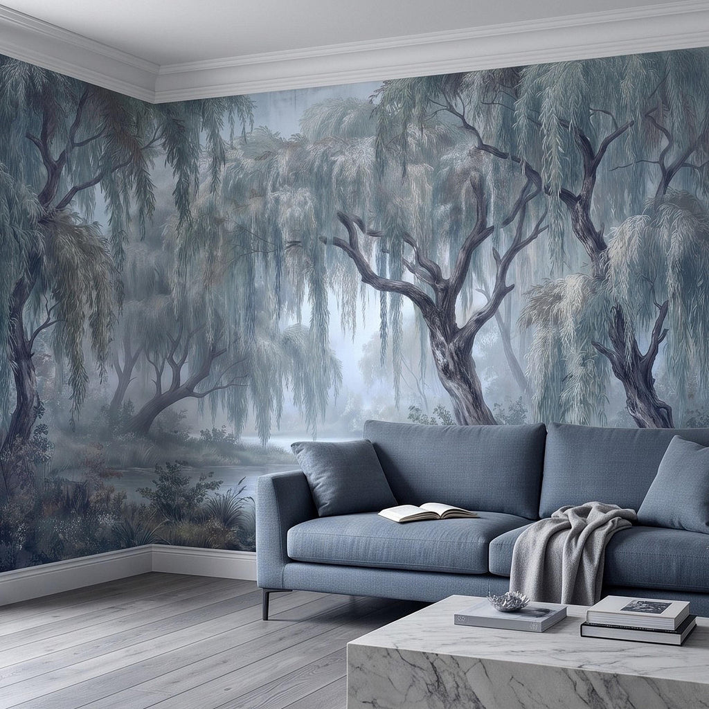 Weeping Willow Peel and Stick Wall Mural, Misty Blue Forest Lake Landscape Vintage Botanical Trees Serene Romantic Scenic Painting Wallpaper