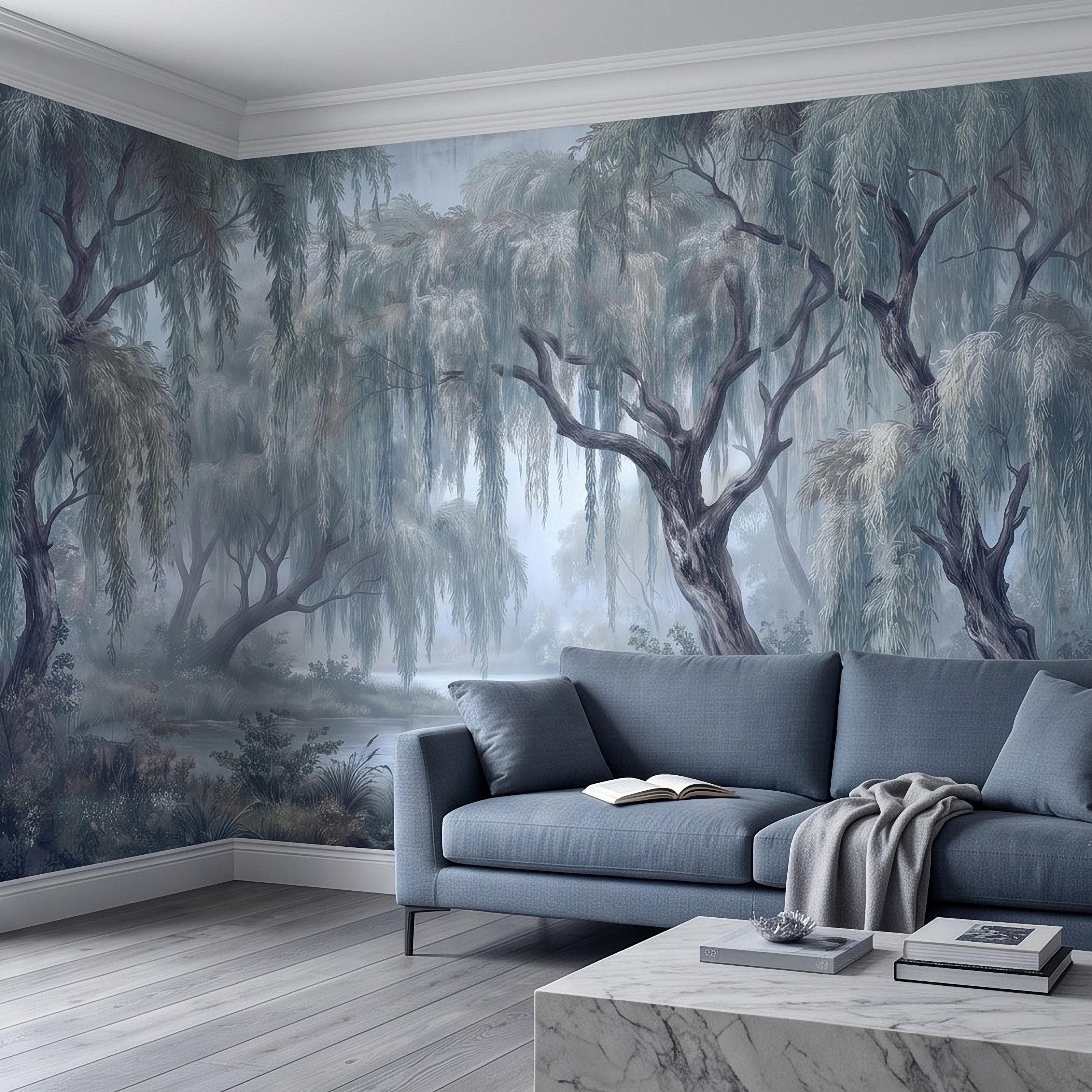 Weeping Willow Peel and Stick Wall Mural, Misty Blue Forest Lake Landscape Vintage Botanical Trees Serene Romantic Scenic Painting Wallpaper