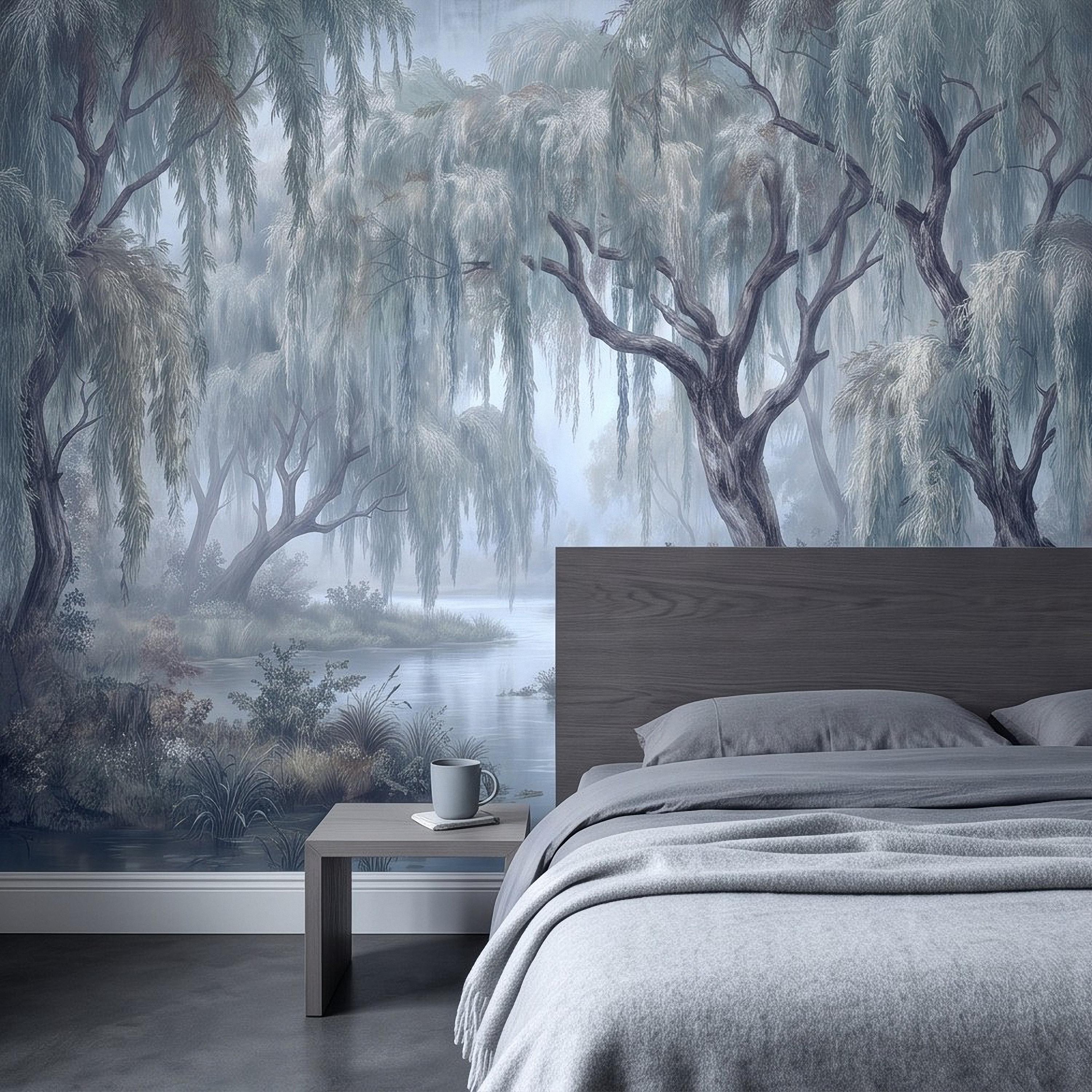 Weeping Willow Peel and Stick Wall Mural, Misty Blue Forest Lake Landscape Vintage Botanical Trees Serene Romantic Scenic Painting Wallpaper