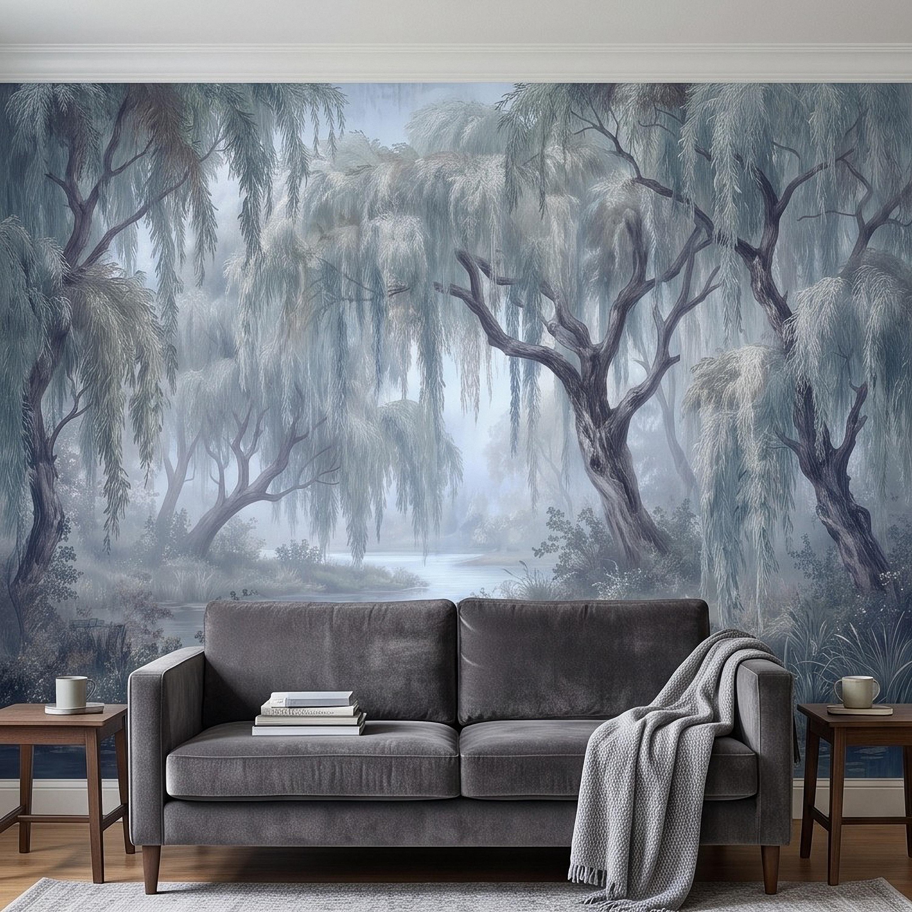 Weeping Willow Peel and Stick Wall Mural, Misty Blue Forest Lake Landscape Vintage Botanical Trees Serene Romantic Scenic Painting Wallpaper