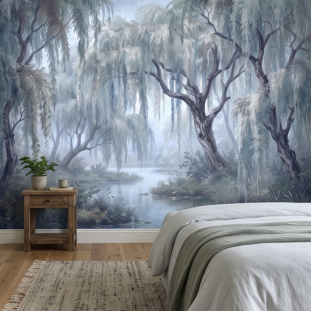 Weeping Willow Peel and Stick Wall Mural, Misty Blue Forest Lake Landscape Vintage Botanical Trees Serene Romantic Scenic Painting Wallpaper