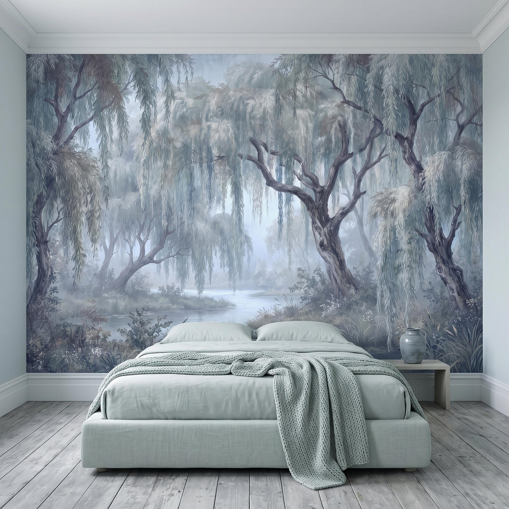 Weeping Willow Peel and Stick Wall Mural, Misty Blue Forest Lake Landscape Vintage Botanical Trees Serene Romantic Scenic Painting Wallpaper