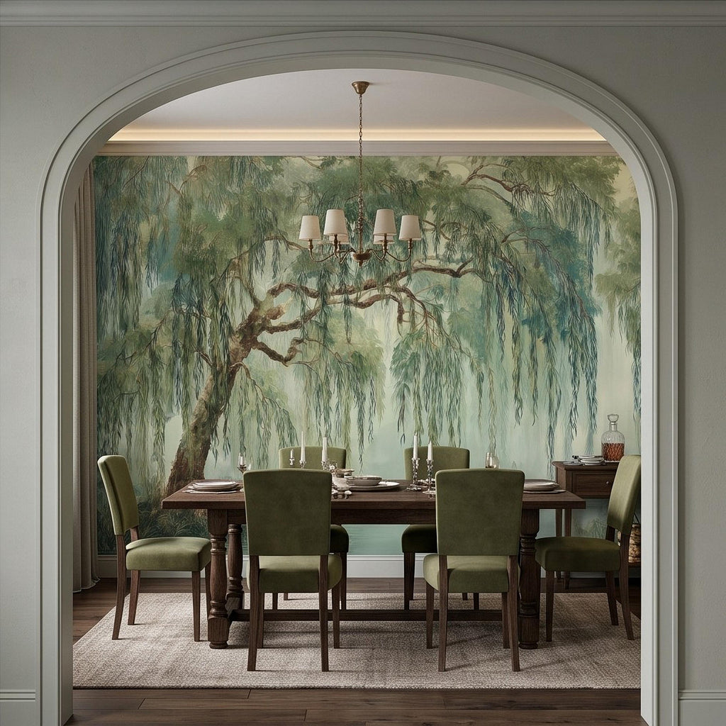 Weeping Willow Peel and Stick Wall Mural, Sage Green Misty Lake Landscape Serene Botanical Tree Vintage Romantic Nature Painting Wallpaper