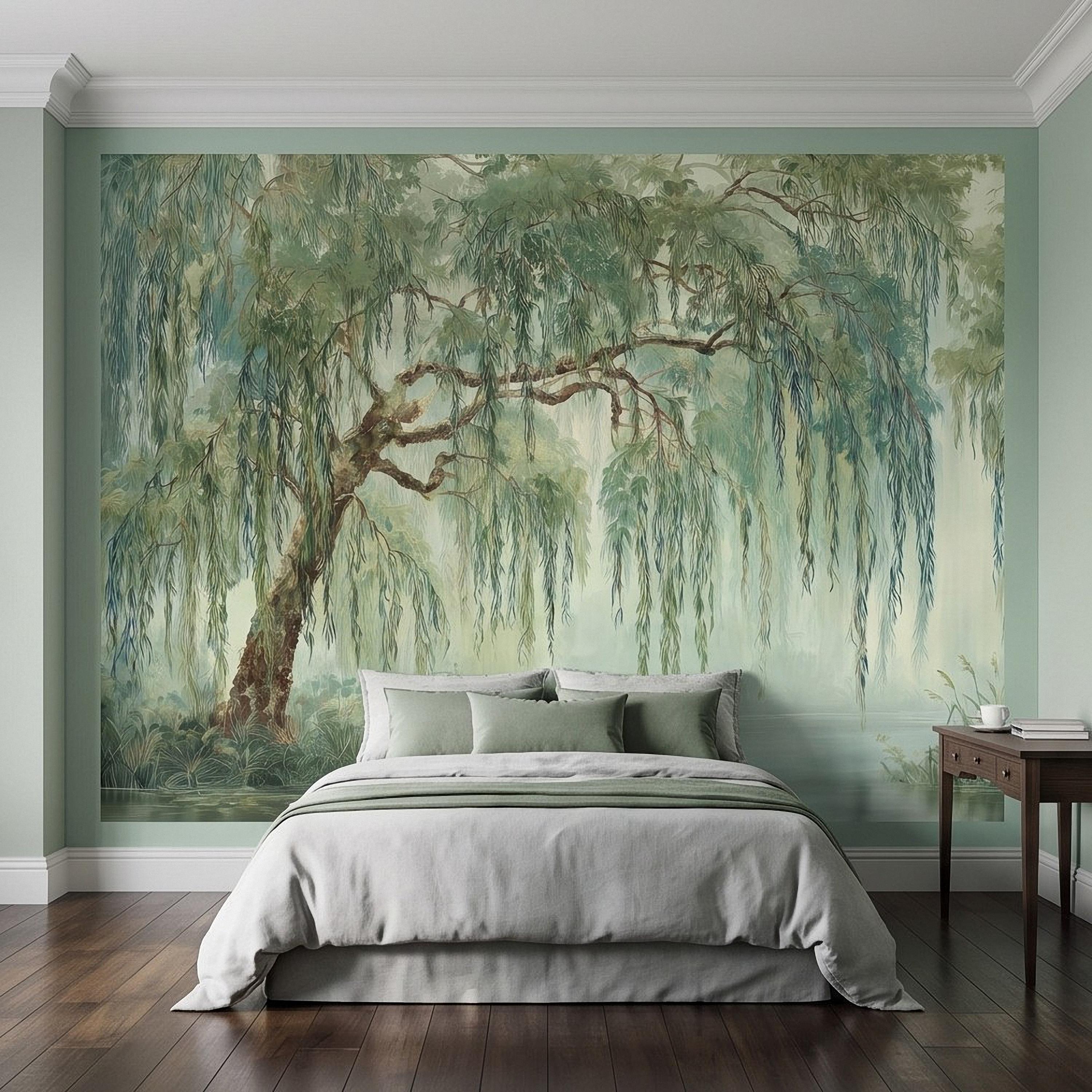 Weeping Willow Peel and Stick Wall Mural, Sage Green Misty Lake Landscape Serene Botanical Tree Vintage Romantic Nature Painting Wallpaper