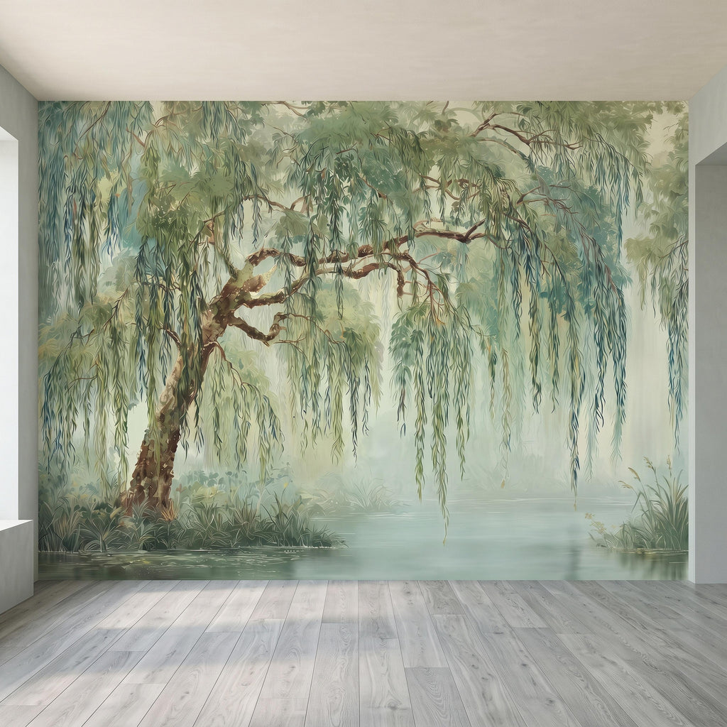 Weeping Willow Peel and Stick Wall Mural, Sage Green Misty Lake Landscape Serene Botanical Tree Vintage Romantic Nature Painting Wallpaper