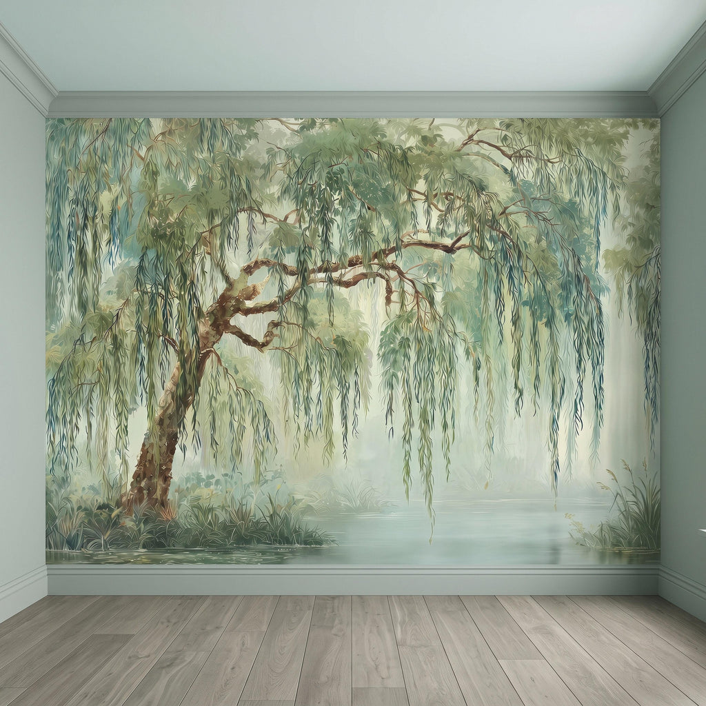 Weeping Willow Peel and Stick Wall Mural, Sage Green Misty Lake Landscape Serene Botanical Tree Vintage Romantic Nature Painting Wallpaper