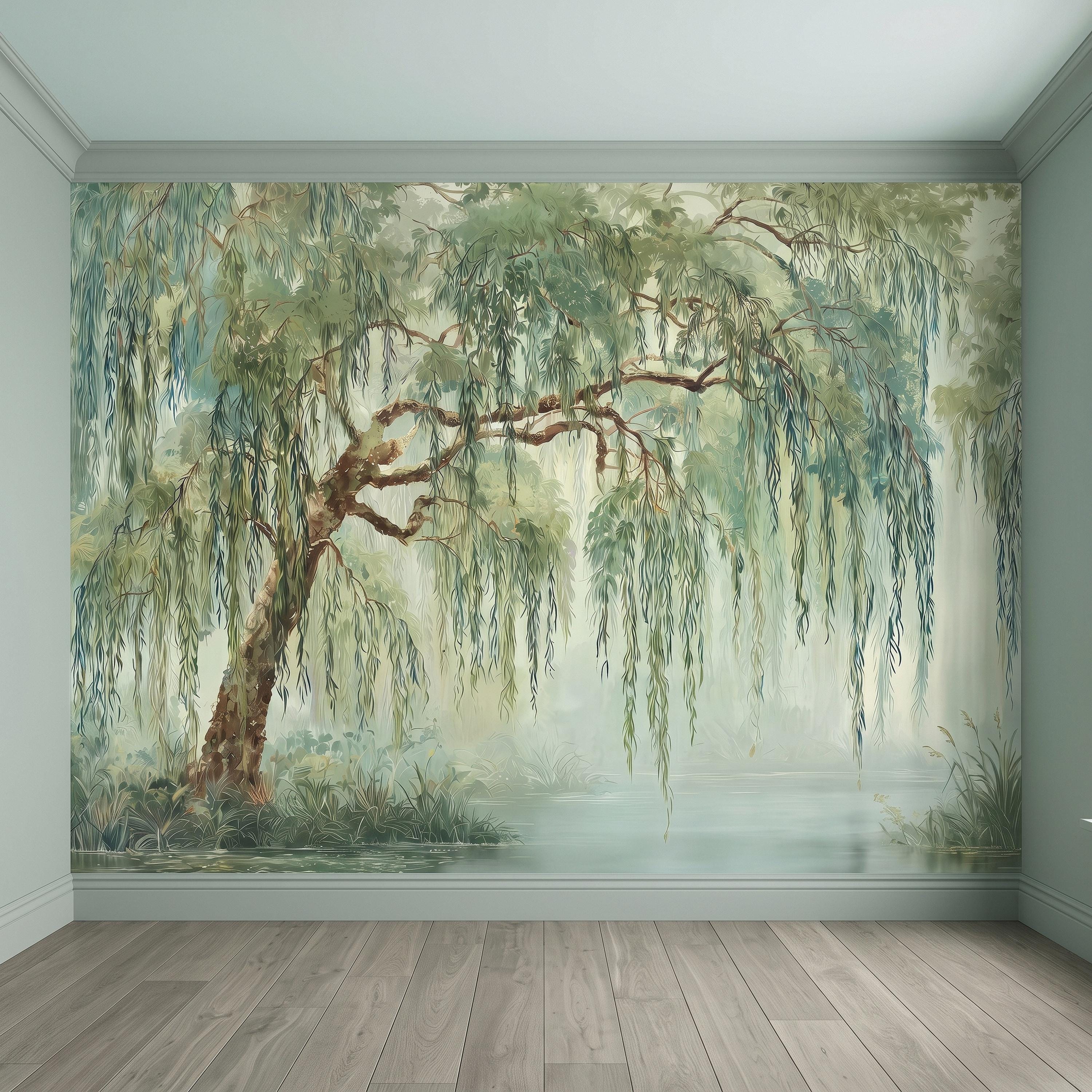 Weeping Willow Peel and Stick Wall Mural, Sage Green Misty Lake Landscape Serene Botanical Tree Vintage Romantic Nature Painting Wallpaper