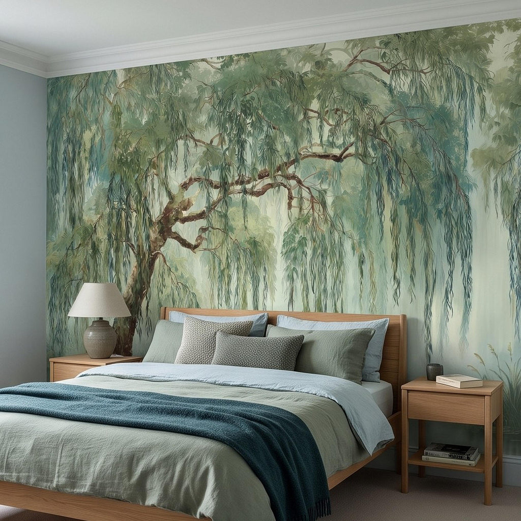 Weeping Willow Peel and Stick Wall Mural, Sage Green Misty Lake Landscape Serene Botanical Tree Vintage Romantic Nature Painting Wallpaper