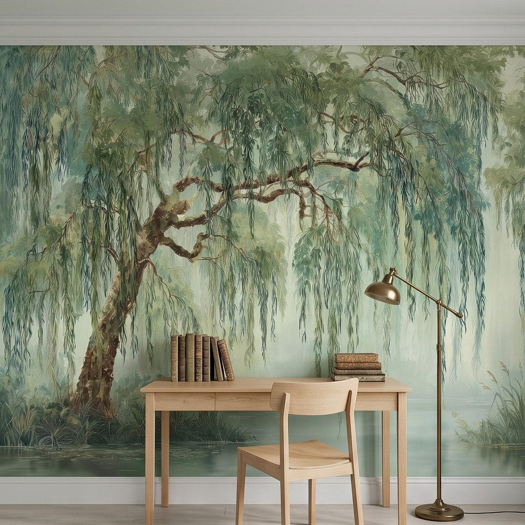 Weeping Willow Peel and Stick Wall Mural, Sage Green Misty Lake Landscape Serene Botanical Tree Vintage Romantic Nature Painting Wallpaper