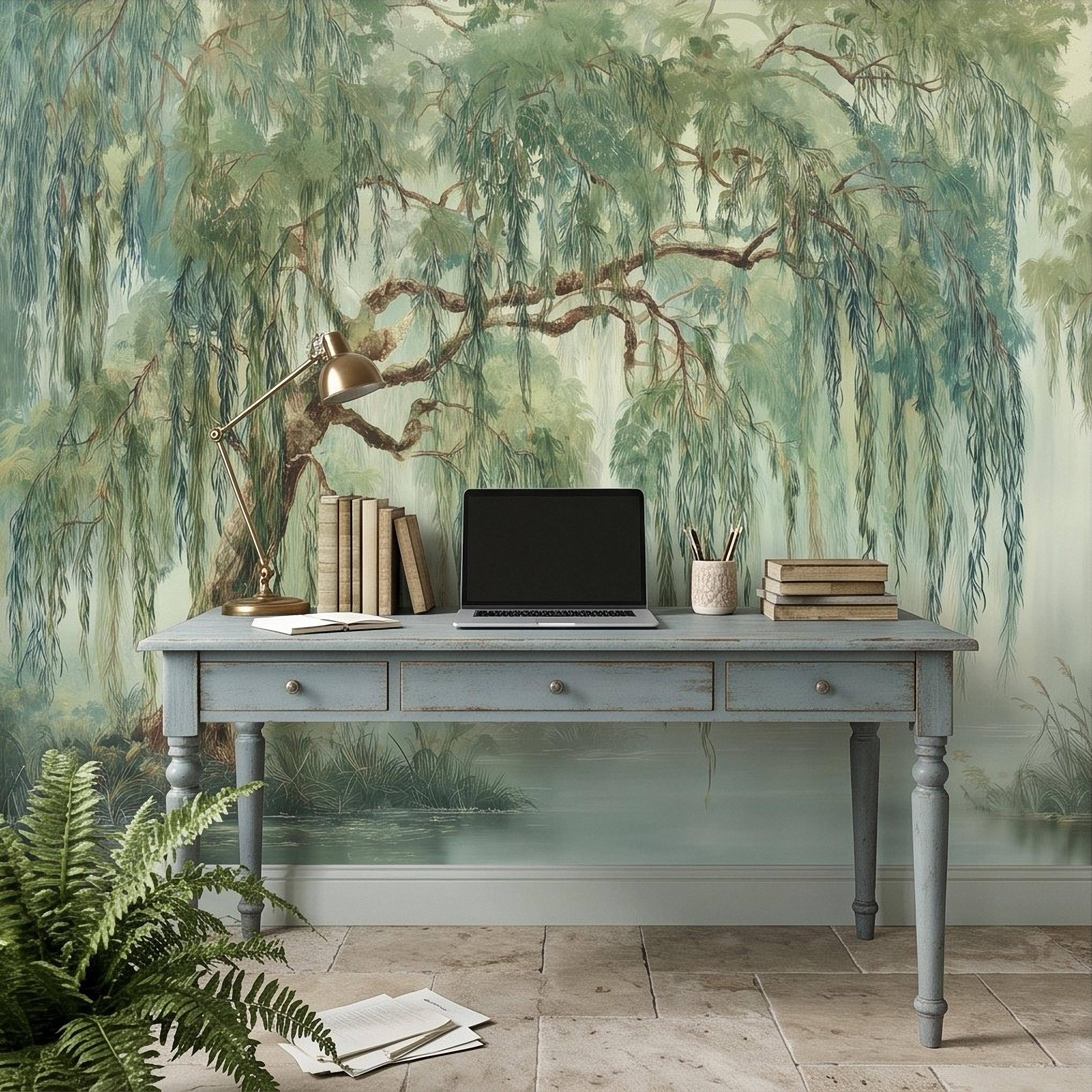 Weeping Willow Peel and Stick Wall Mural, Sage Green Misty Lake Landscape Serene Botanical Tree Vintage Romantic Nature Painting Wallpaper