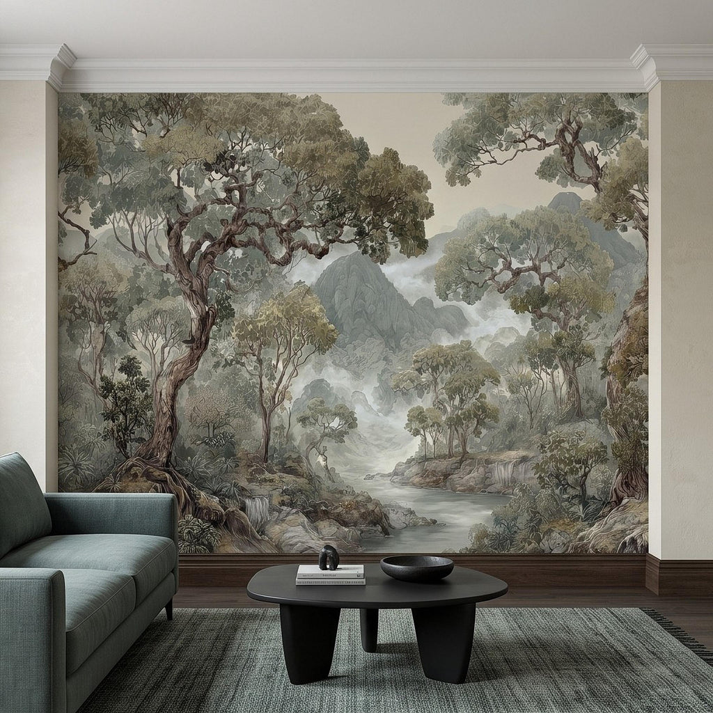 Misty Mountain Forest Peel and Stick Wall Mural, Sage Green Woodland River Landscape Vintage Scenic Botanical Nature Painting Wallpaper