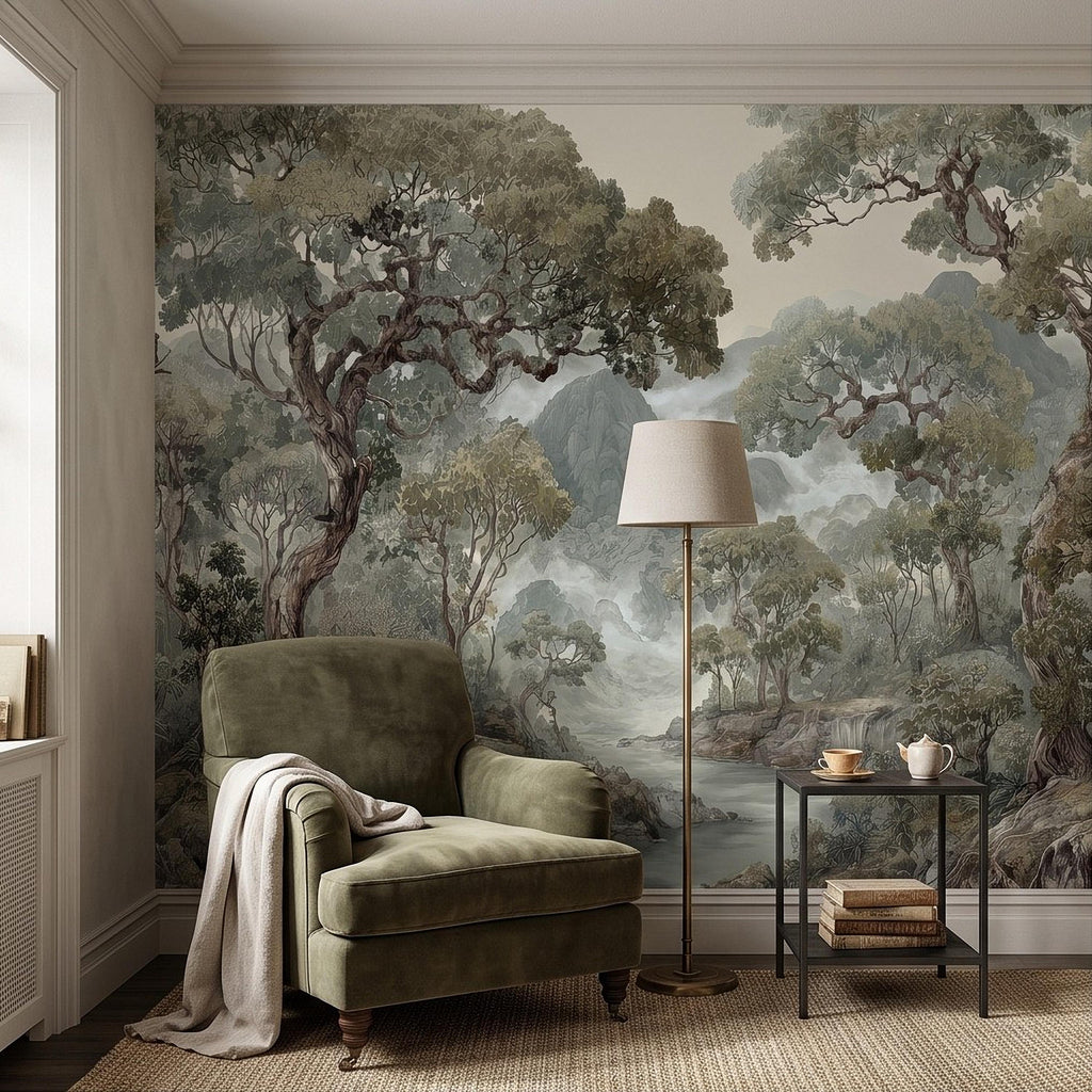 Misty Mountain Forest Peel and Stick Wall Mural, Sage Green Woodland River Landscape Vintage Scenic Botanical Nature Painting Wallpaper