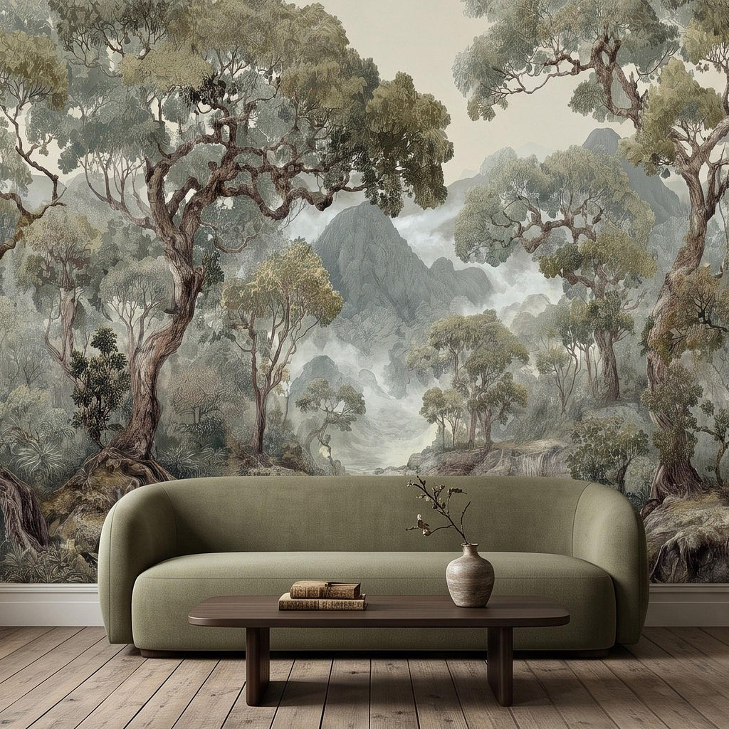 Misty Mountain Forest Peel and Stick Wall Mural, Sage Green Woodland River Landscape Vintage Scenic Botanical Nature Painting Wallpaper