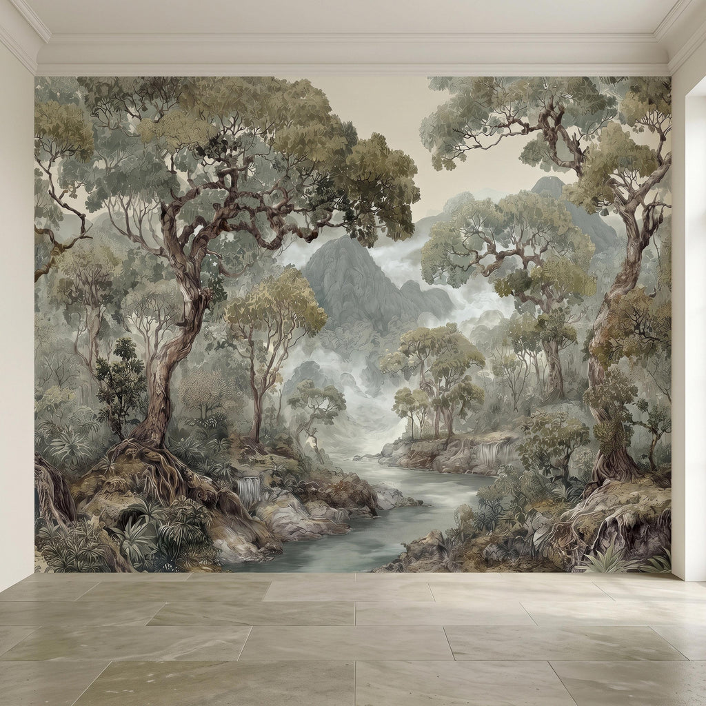 Misty Mountain Forest Peel and Stick Wall Mural, Sage Green Woodland River Landscape Vintage Scenic Botanical Nature Painting Wallpaper