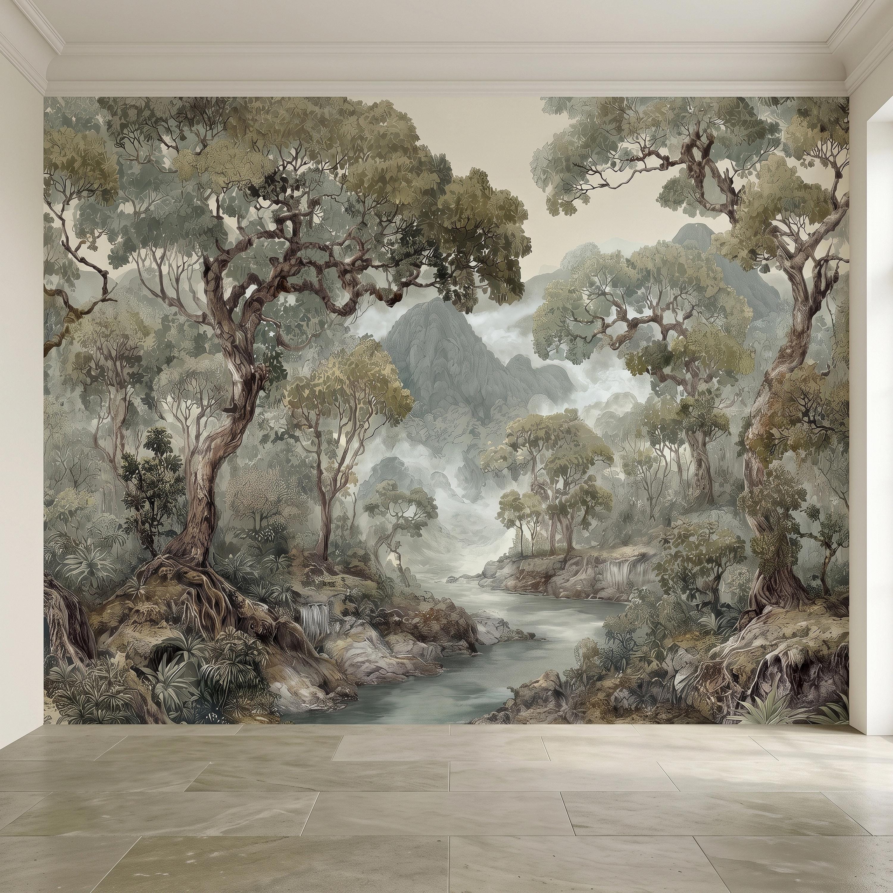 Misty Mountain Forest Peel and Stick Wall Mural, Sage Green Woodland River Landscape Vintage Scenic Botanical Nature Painting Wallpaper