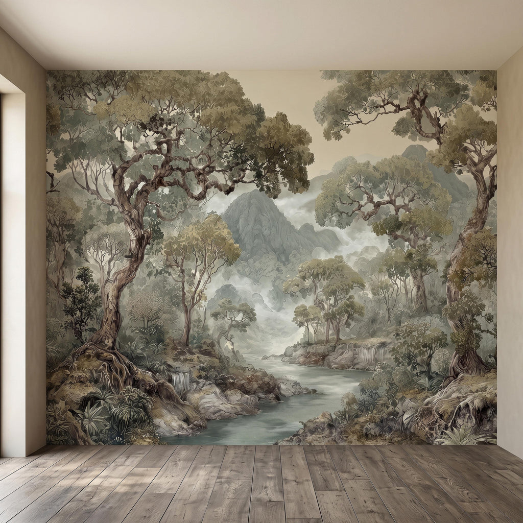 Misty Mountain Forest Peel and Stick Wall Mural, Sage Green Woodland River Landscape Vintage Scenic Botanical Nature Painting Wallpaper