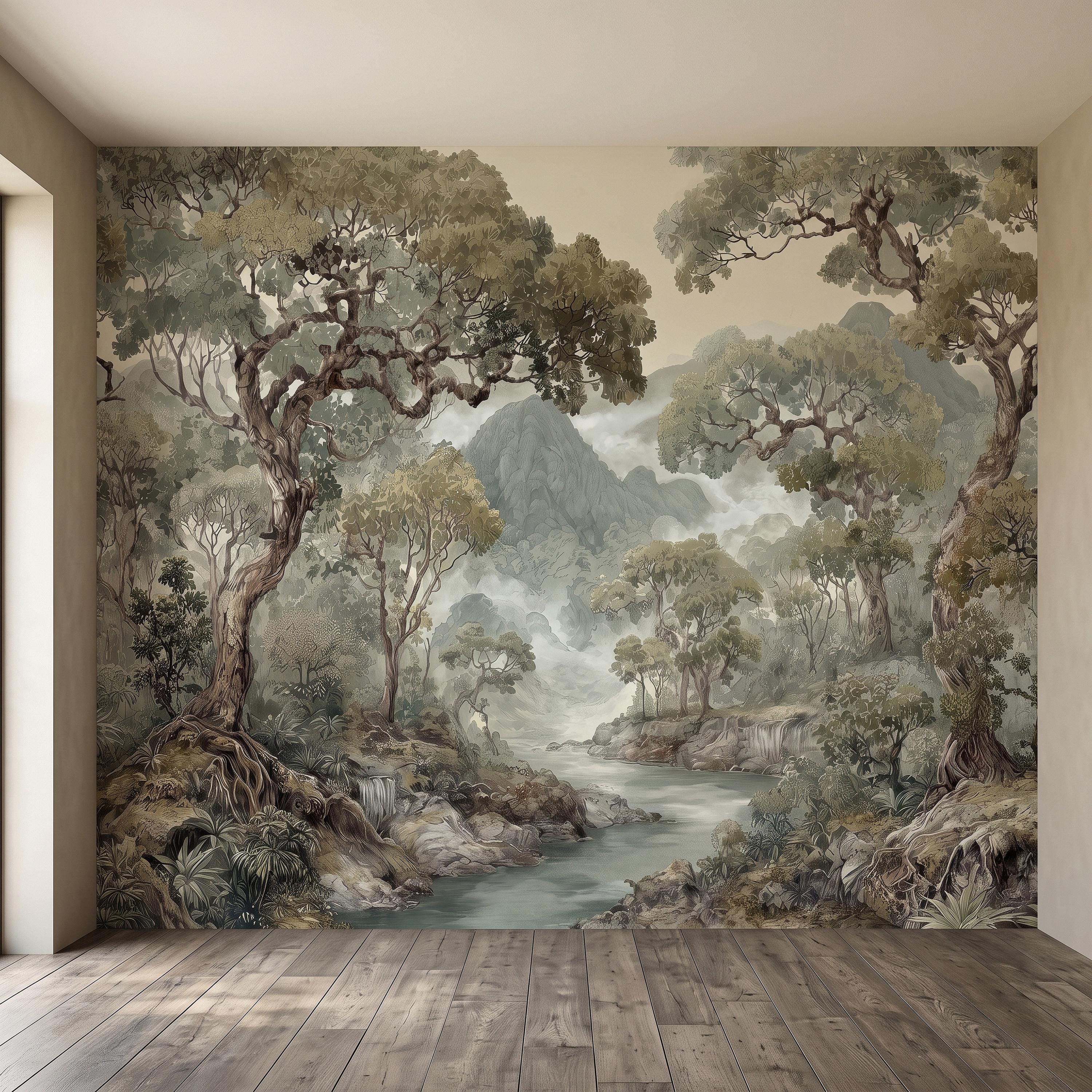 Misty Mountain Forest Peel and Stick Wall Mural, Sage Green Woodland River Landscape Vintage Scenic Botanical Nature Painting Wallpaper