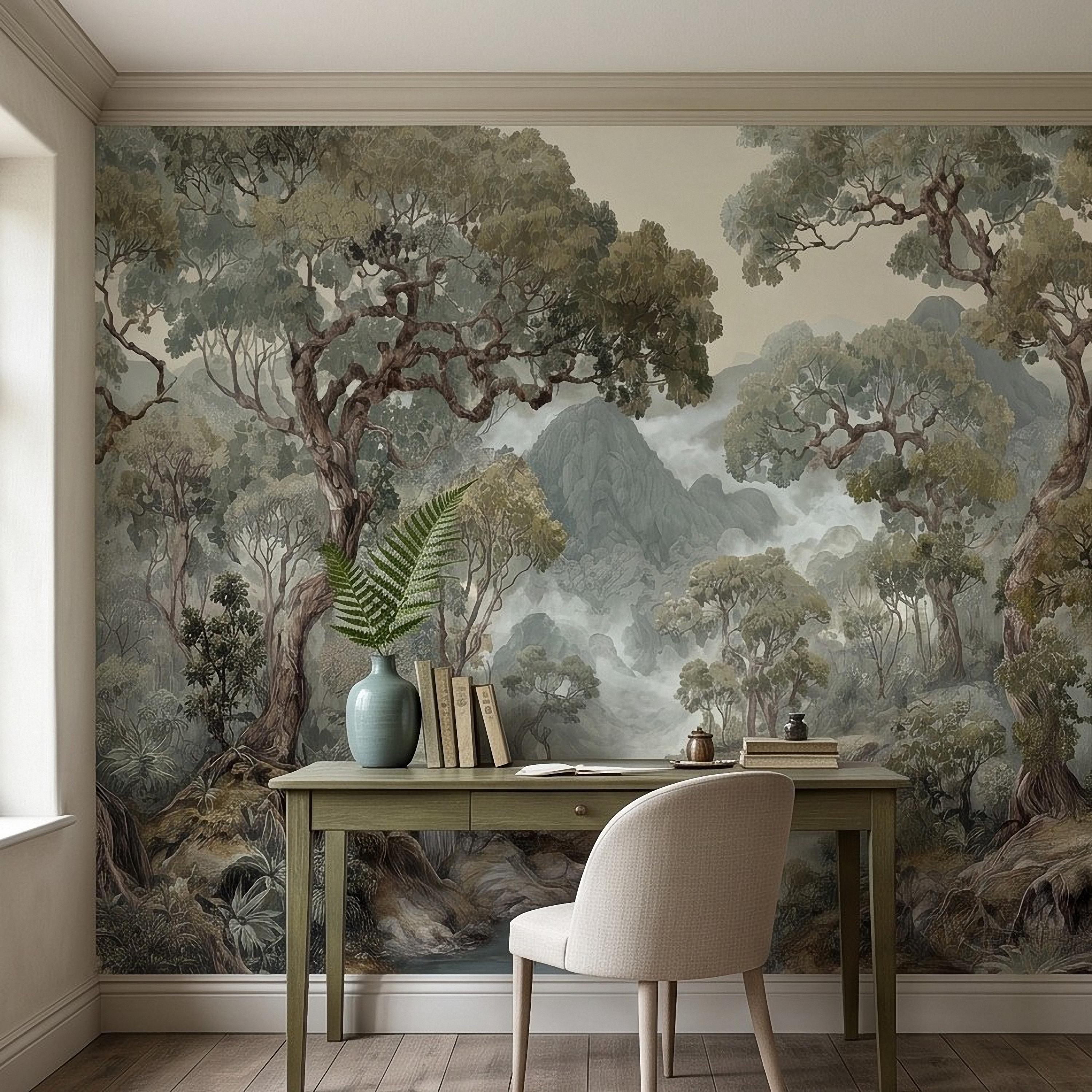 Misty Mountain Forest Peel and Stick Wall Mural, Sage Green Woodland River Landscape Vintage Scenic Botanical Nature Painting Wallpaper
