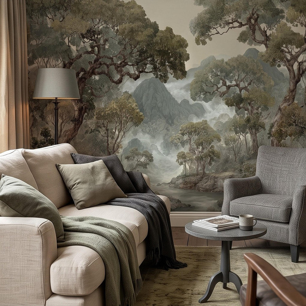 Misty Mountain Forest Peel and Stick Wall Mural, Sage Green Woodland River Landscape Vintage Scenic Botanical Nature Painting Wallpaper