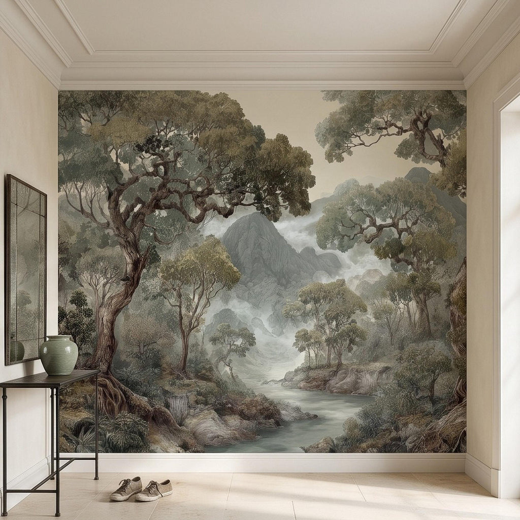 Misty Mountain Forest Peel and Stick Wall Mural, Sage Green Woodland River Landscape Vintage Scenic Botanical Nature Painting Wallpaper