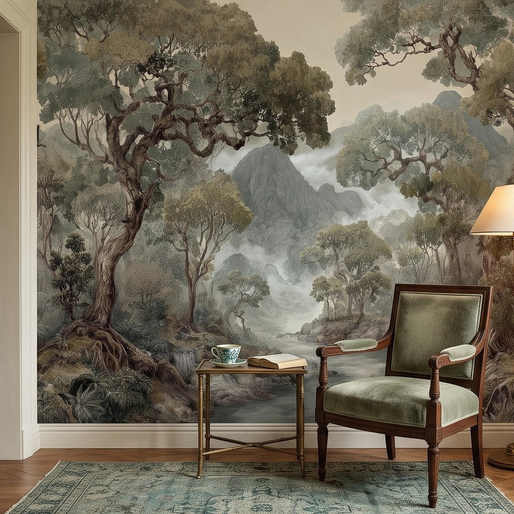 Misty Mountain Forest Peel and Stick Wall Mural, Sage Green Woodland River Landscape Vintage Scenic Botanical Nature Painting Wallpaper