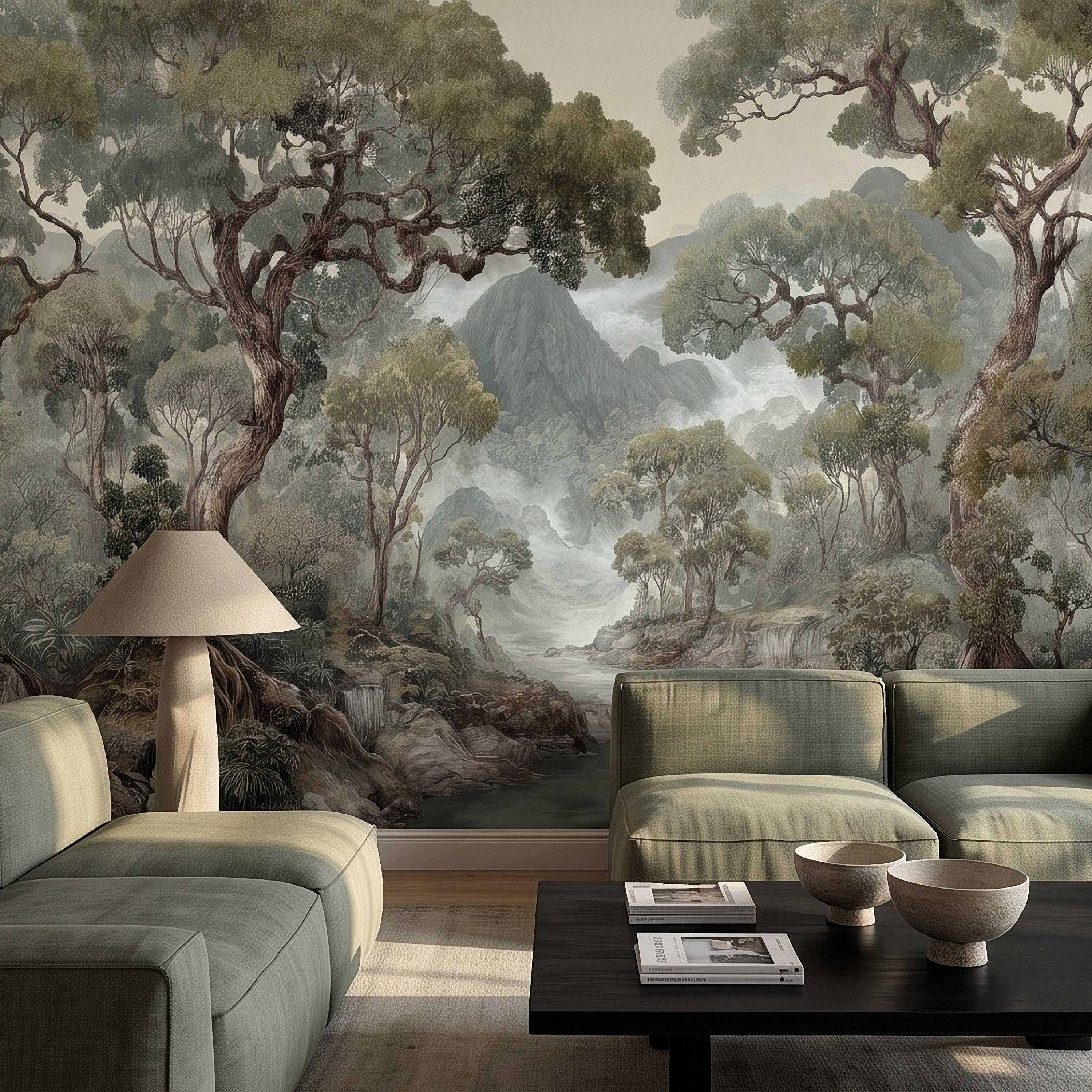 Misty Mountain Forest Peel and Stick Wall Mural, Sage Green Woodland River Landscape Vintage Scenic Botanical Nature Painting Wallpaper