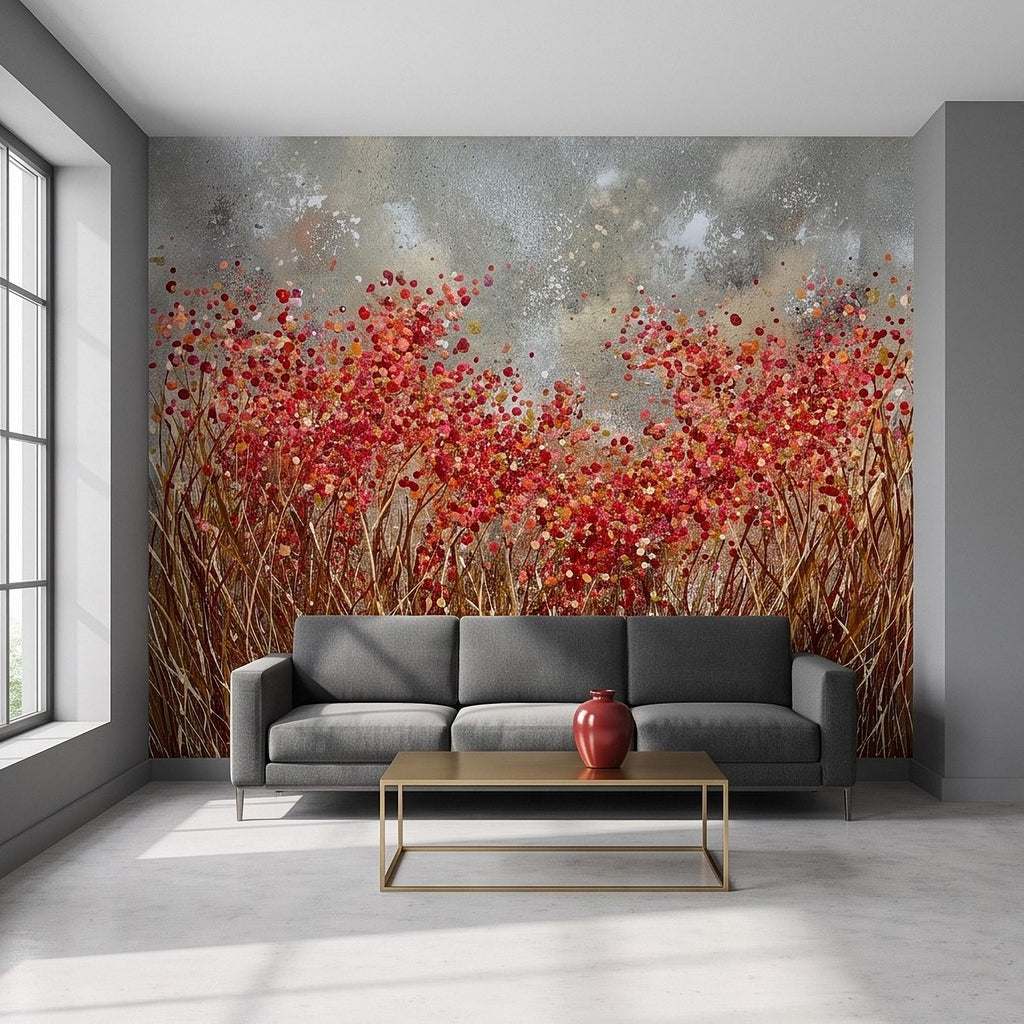 Abstract Wildflower Meadow Peel and Stick Wall Mural, Red Orange Floral Field Textured Impasto Painting Colorful Botanical Modern Wallpaper