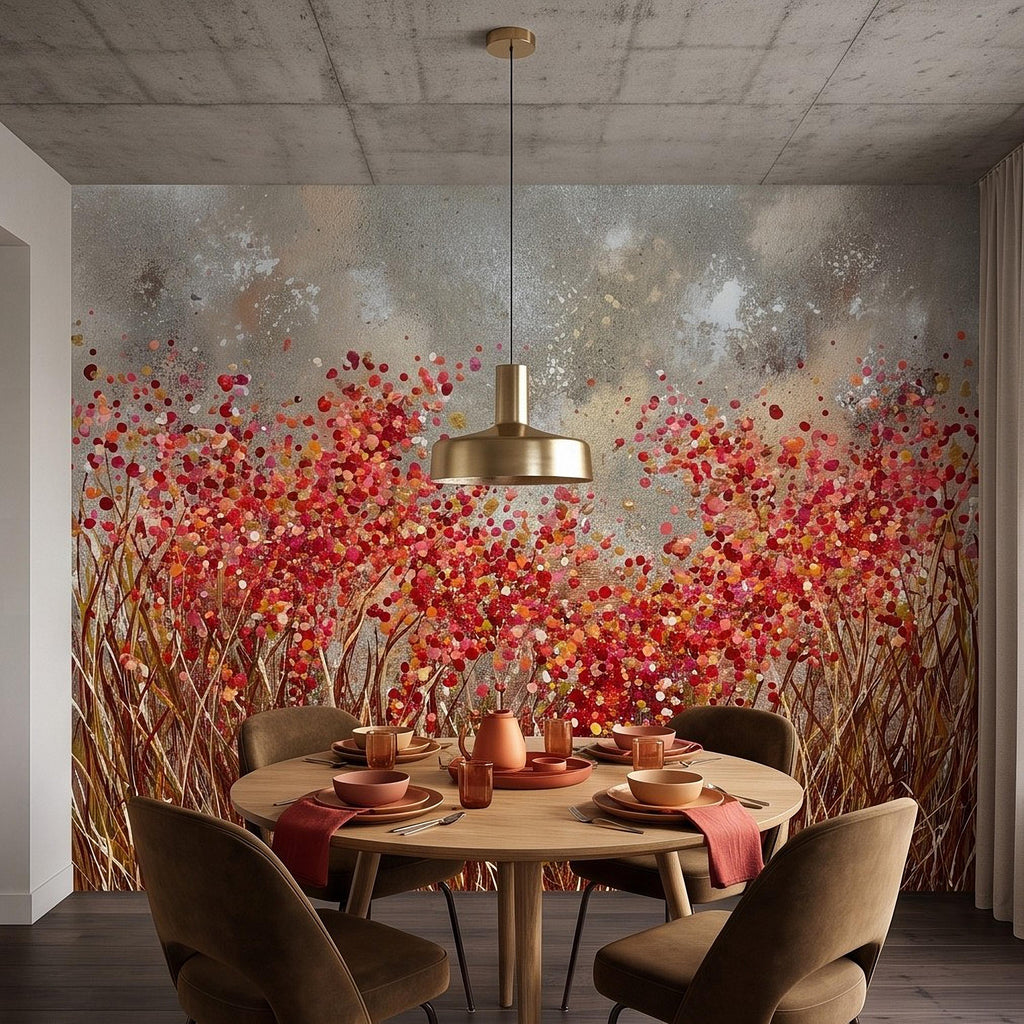 Abstract Wildflower Meadow Peel and Stick Wall Mural, Red Orange Floral Field Textured Impasto Painting Colorful Botanical Modern Wallpaper