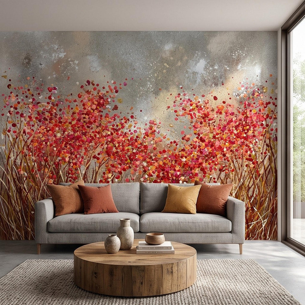 Abstract Wildflower Meadow Peel and Stick Wall Mural, Red Orange Floral Field Textured Impasto Painting Colorful Botanical Modern Wallpaper