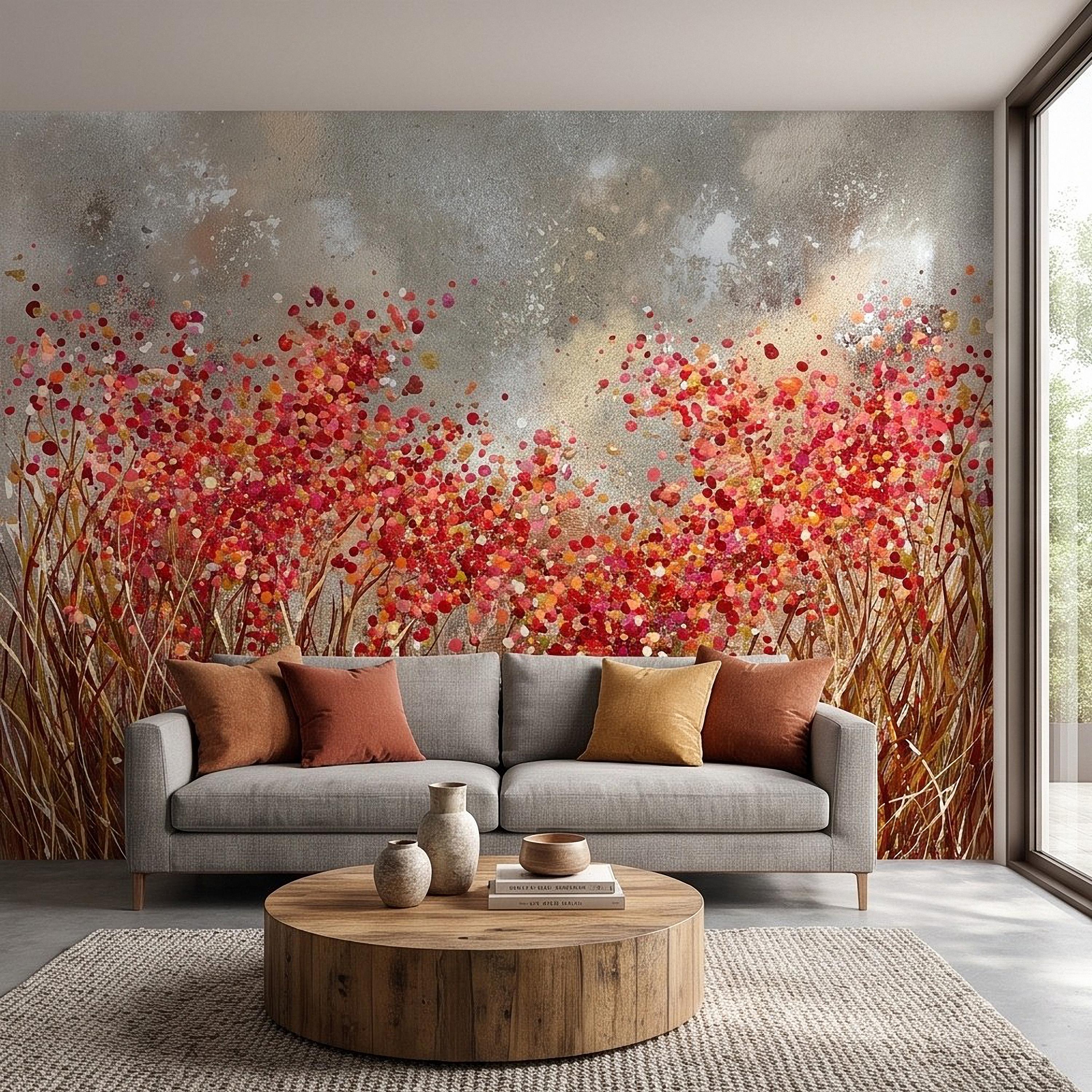 Abstract Wildflower Meadow Peel and Stick Wall Mural, Red Orange Floral Field Textured Impasto Painting Colorful Botanical Modern Wallpaper