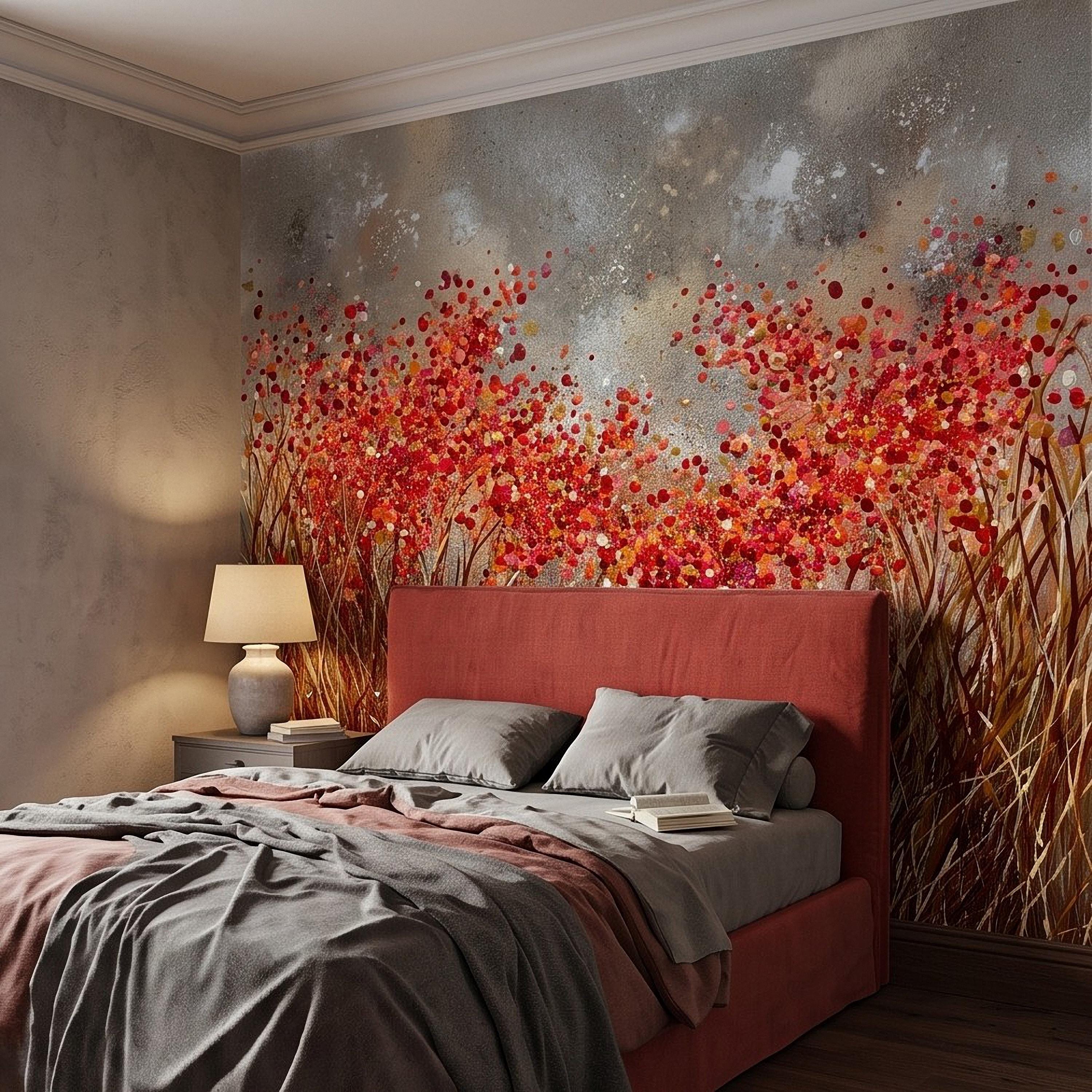 Abstract Wildflower Meadow Peel and Stick Wall Mural, Red Orange Floral Field Textured Impasto Painting Colorful Botanical Modern Wallpaper