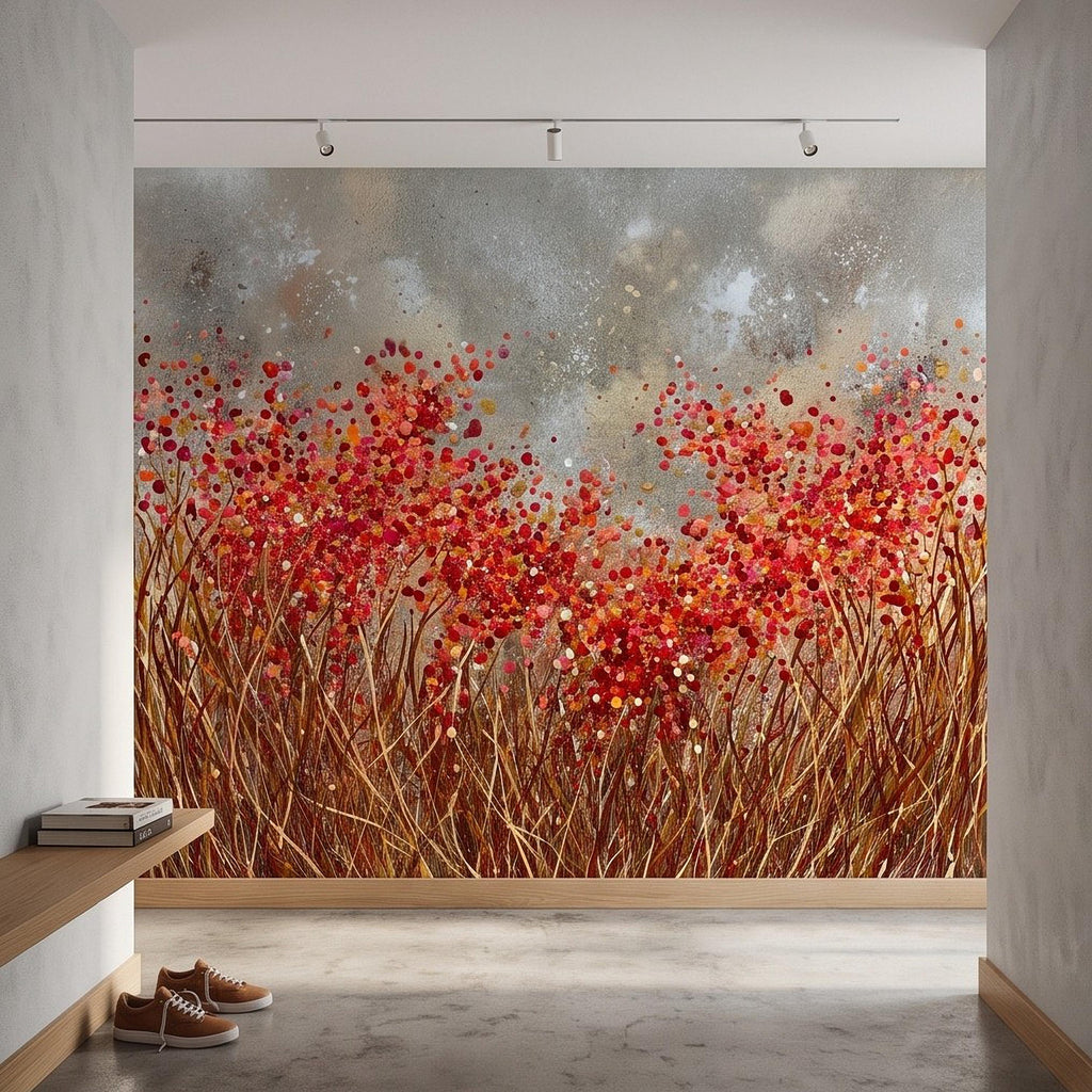 Abstract Wildflower Meadow Peel and Stick Wall Mural, Red Orange Floral Field Textured Impasto Painting Colorful Botanical Modern Wallpaper