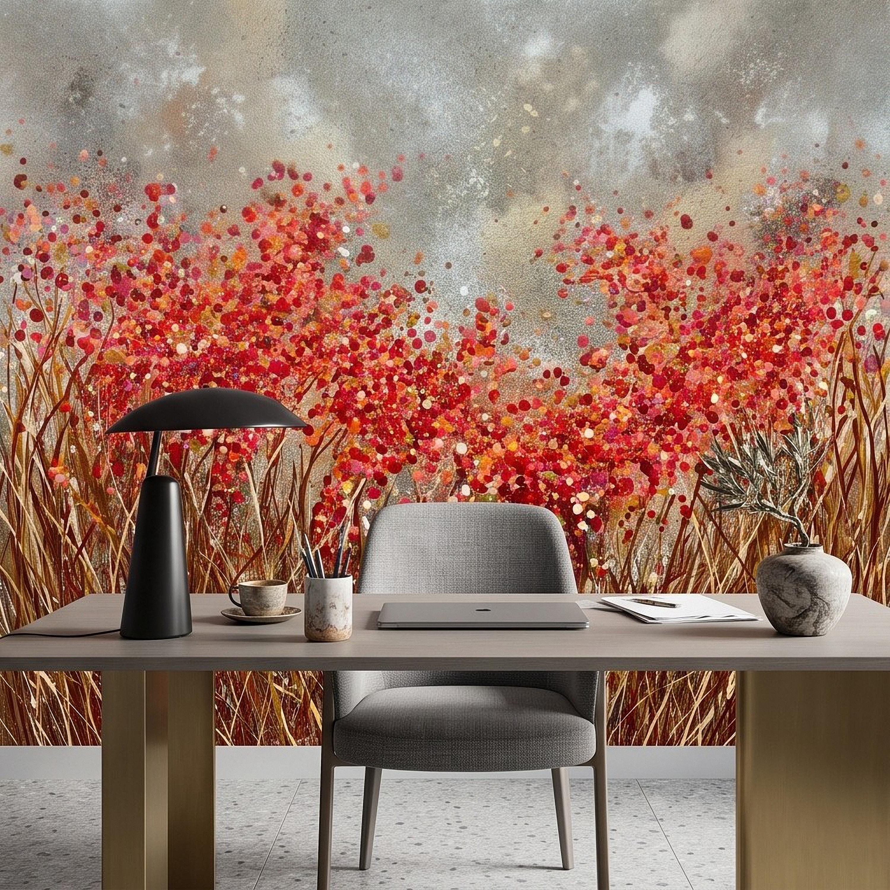 Abstract Wildflower Meadow Peel and Stick Wall Mural, Red Orange Floral Field Textured Impasto Painting Colorful Botanical Modern Wallpaper