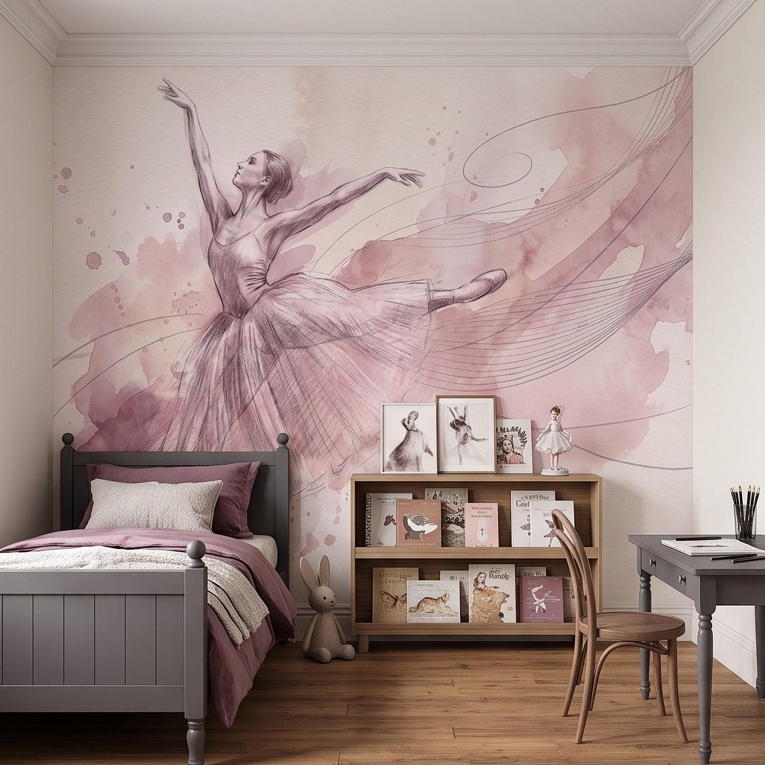 Pink Ballerina Peel and Stick Wall Mural, Watercolor Ballet Dancer Sketch Blush Dance Illustration Girls Bedroom Nursery Elegant Wallpaper