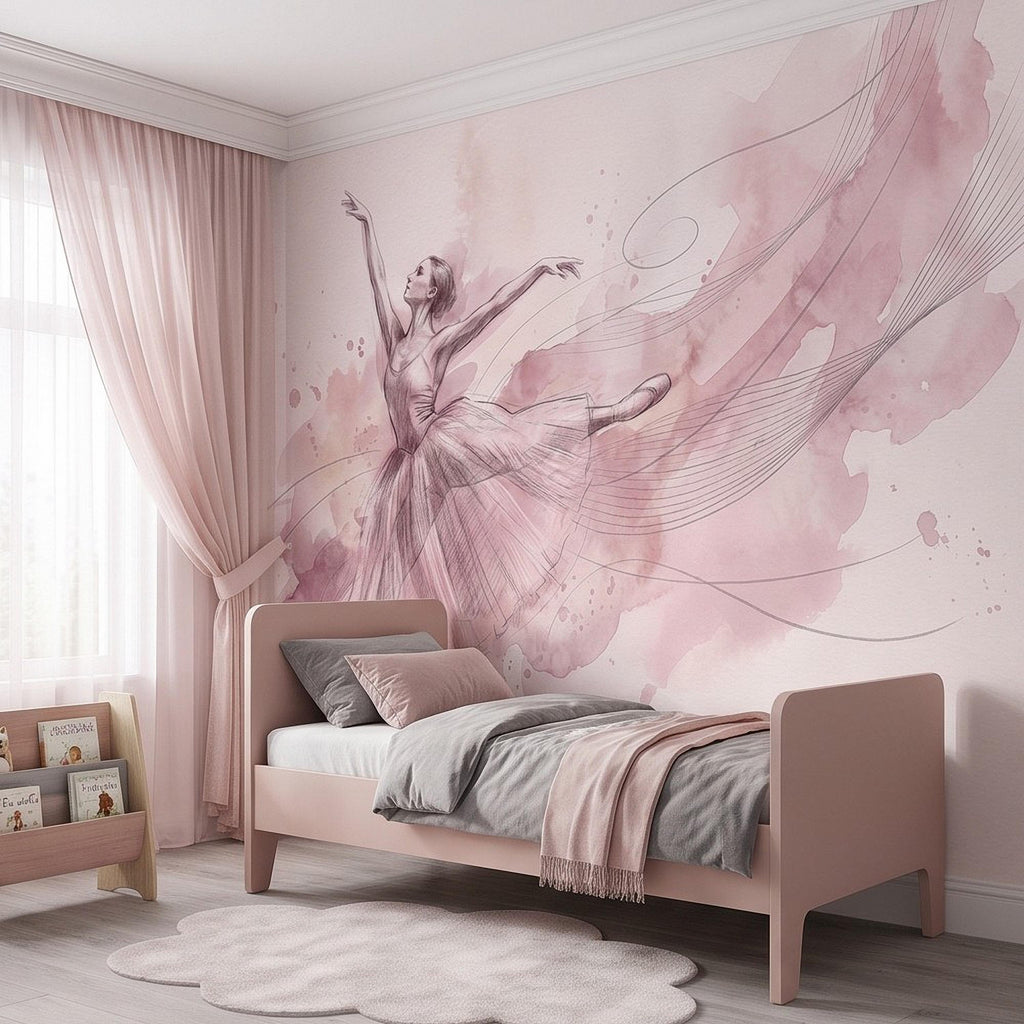 Pink Ballerina Peel and Stick Wall Mural, Watercolor Ballet Dancer Sketch Blush Dance Illustration Girls Bedroom Nursery Elegant Wallpaper