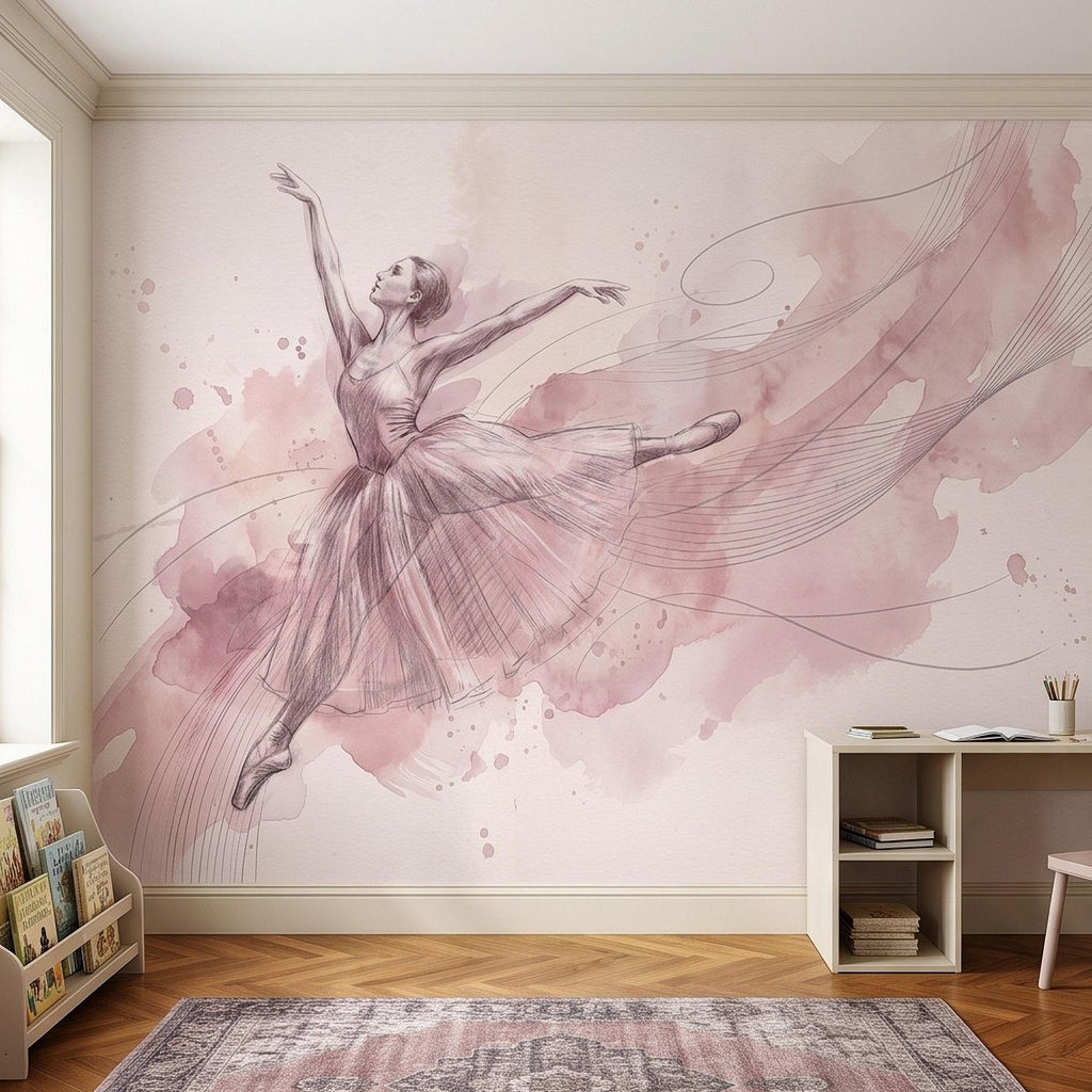 Pink Ballerina Peel and Stick Wall Mural, Watercolor Ballet Dancer Sketch Blush Dance Illustration Girls Bedroom Nursery Elegant Wallpaper