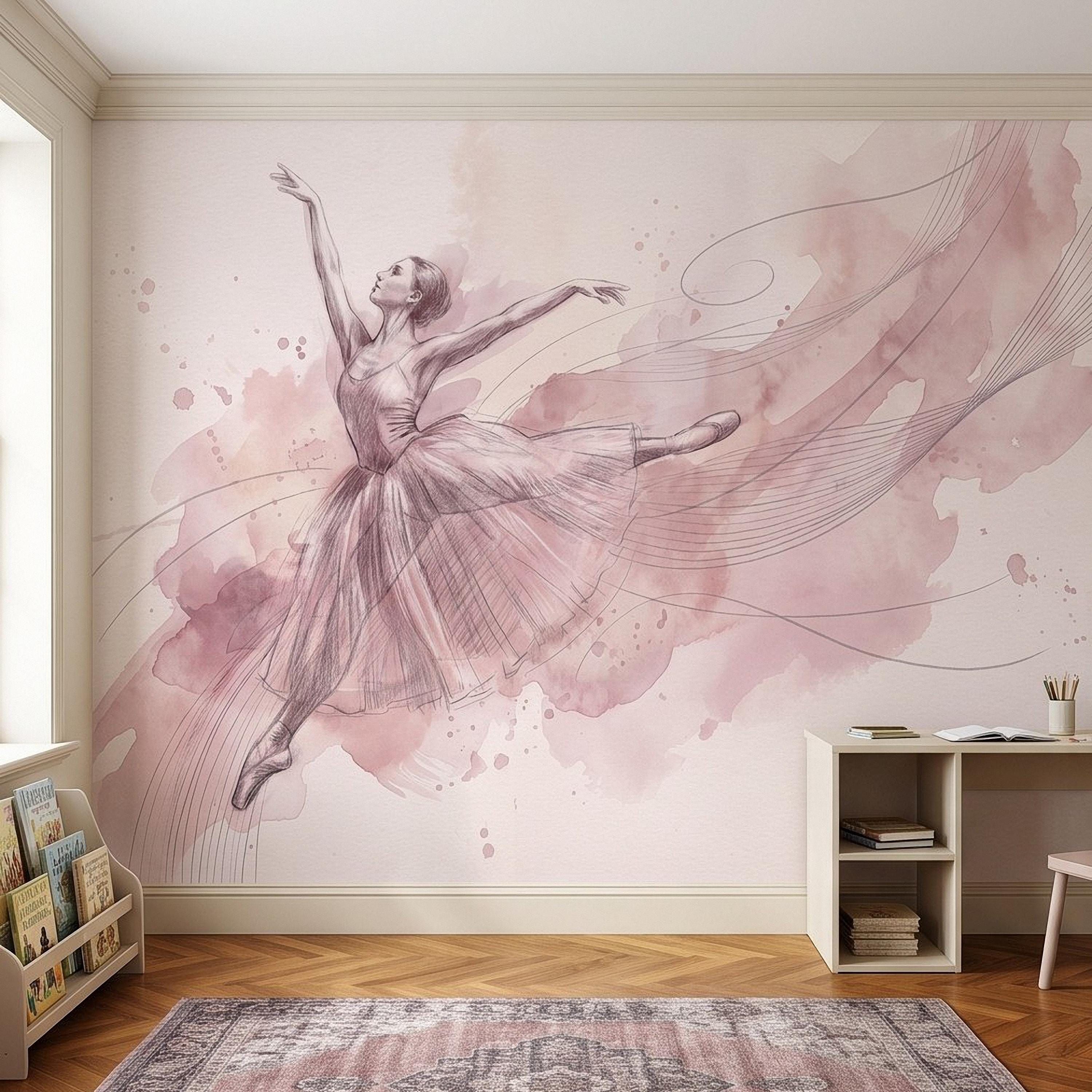 Pink Ballerina Peel and Stick Wall Mural, Watercolor Ballet Dancer Sketch Blush Dance Illustration Girls Bedroom Nursery Elegant Wallpaper
