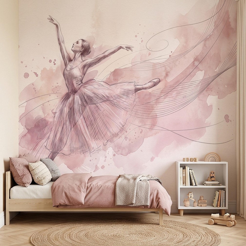 Pink Ballerina Peel and Stick Wall Mural, Watercolor Ballet Dancer Sketch Blush Dance Illustration Girls Bedroom Nursery Elegant Wallpaper