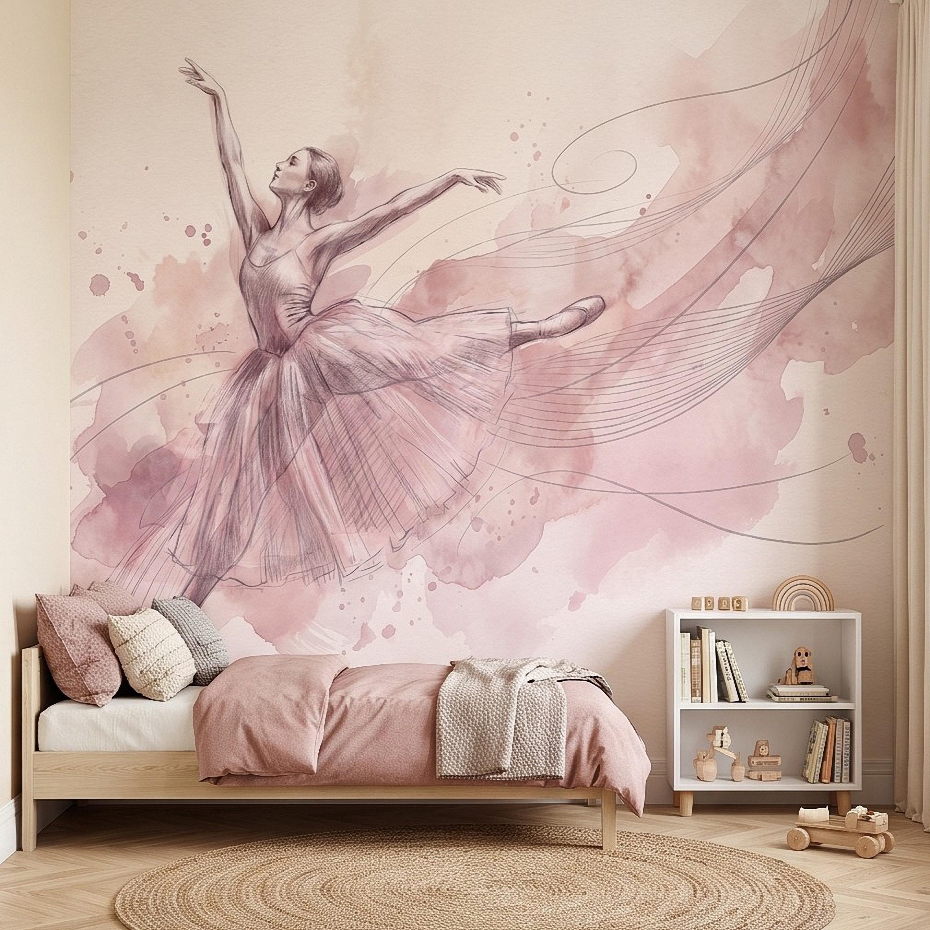 Pink Ballerina Peel and Stick Wall Mural, Watercolor Ballet Dancer Sketch Blush Dance Illustration Girls Bedroom Nursery Elegant Wallpaper