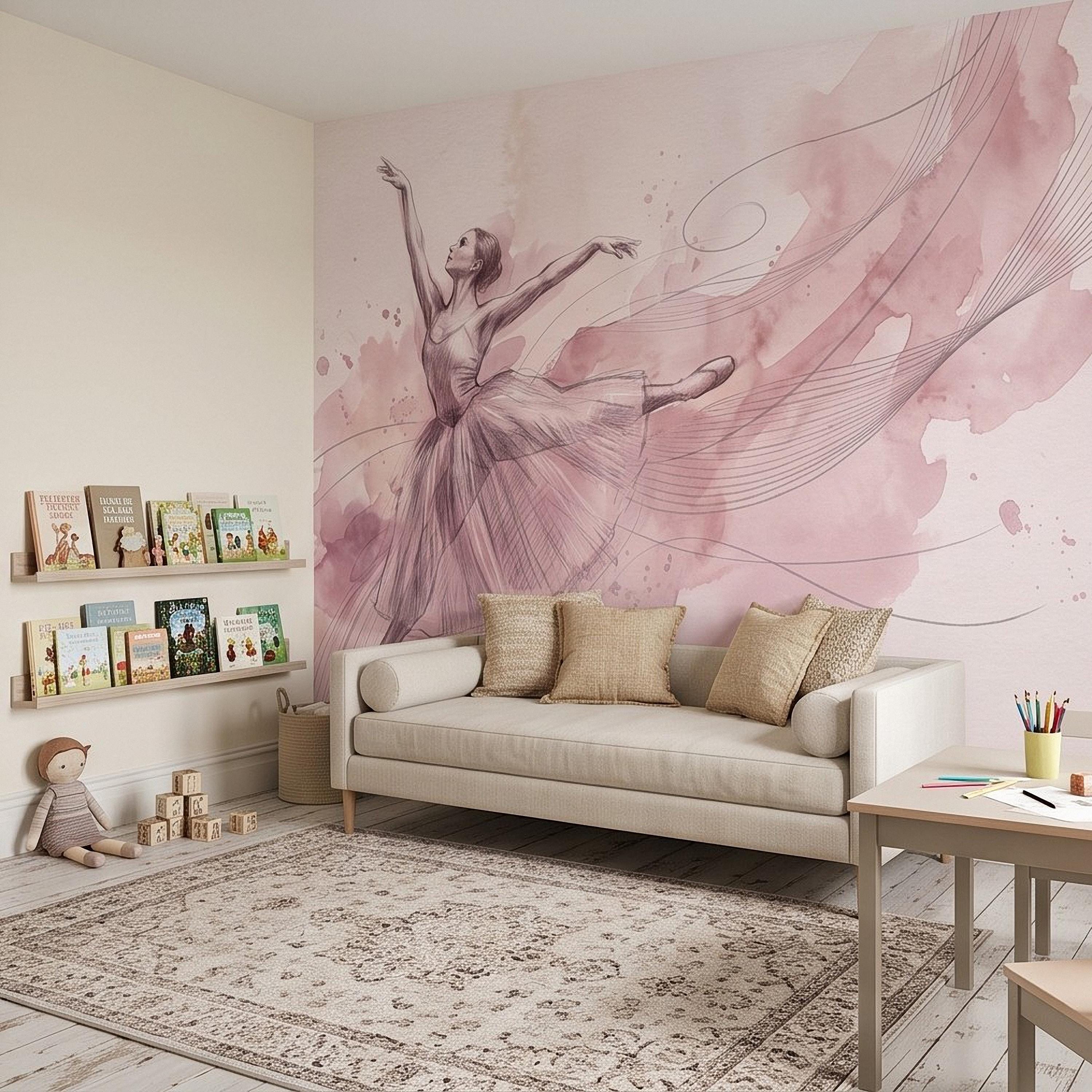 Pink Ballerina Peel and Stick Wall Mural, Watercolor Ballet Dancer Sketch Blush Dance Illustration Girls Bedroom Nursery Elegant Wallpaper