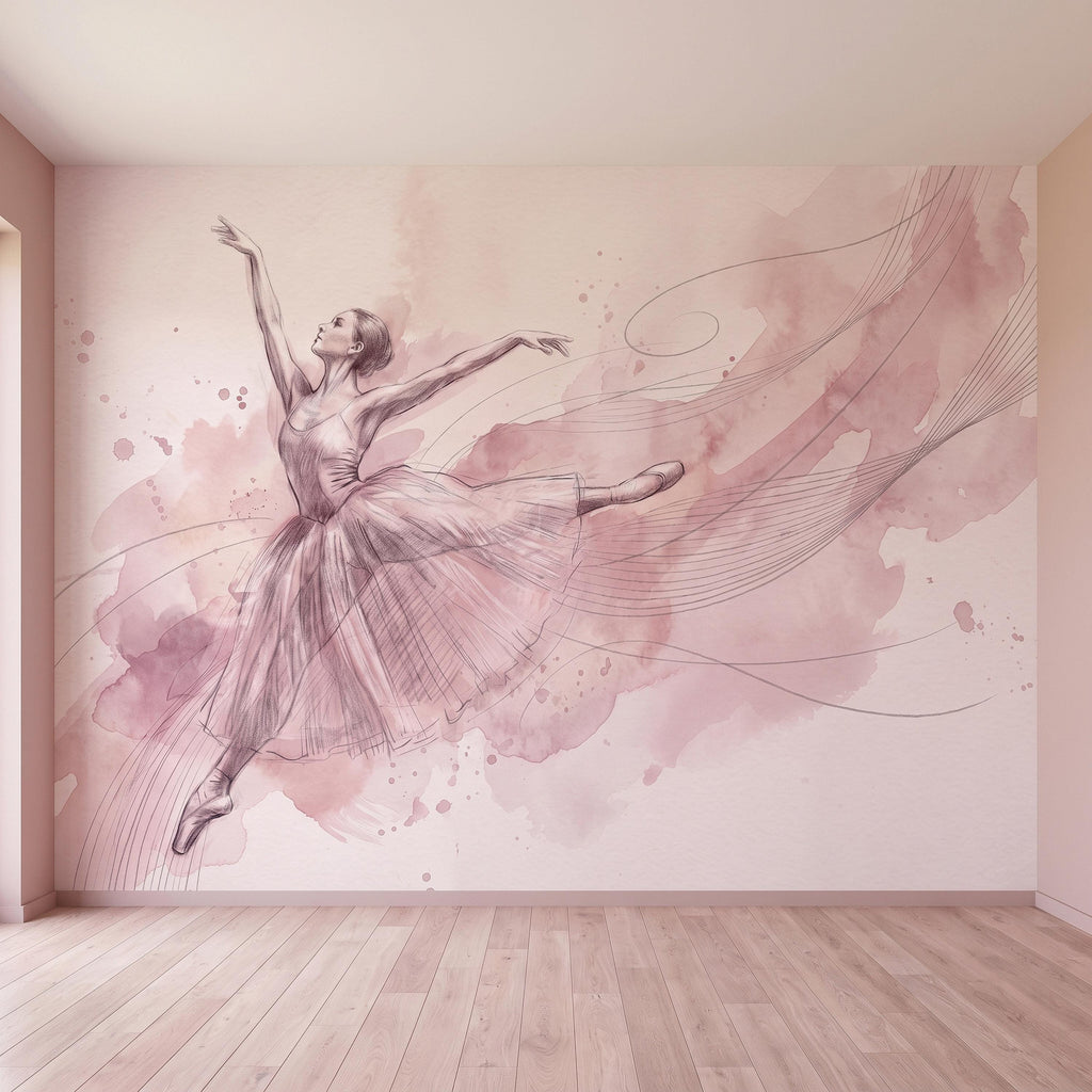 Pink Ballerina Peel and Stick Wall Mural, Watercolor Ballet Dancer Sketch Blush Dance Illustration Girls Bedroom Nursery Elegant Wallpaper