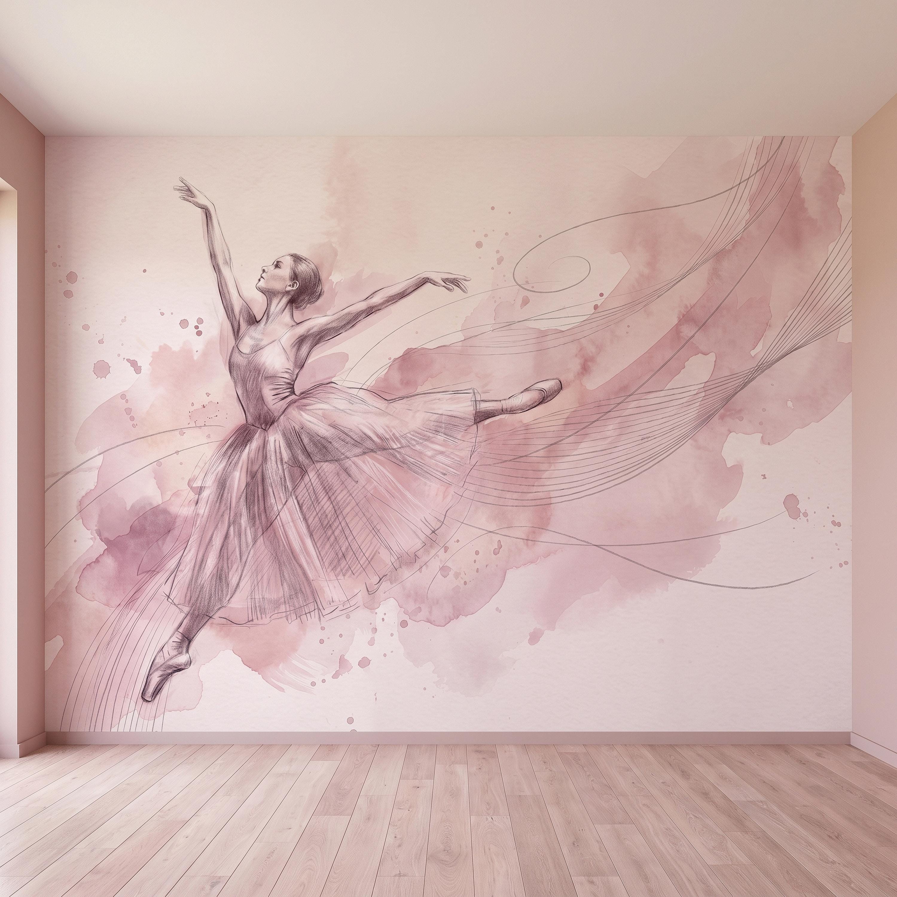 Pink Ballerina Peel and Stick Wall Mural, Watercolor Ballet Dancer Sketch Blush Dance Illustration Girls Bedroom Nursery Elegant Wallpaper