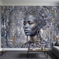 Abstract Female Portrait Peel and Stick Wall Mural, Butterfly Headdress Blue Gray Figurative Woman Ornamental Artistic Painting Wallpaper