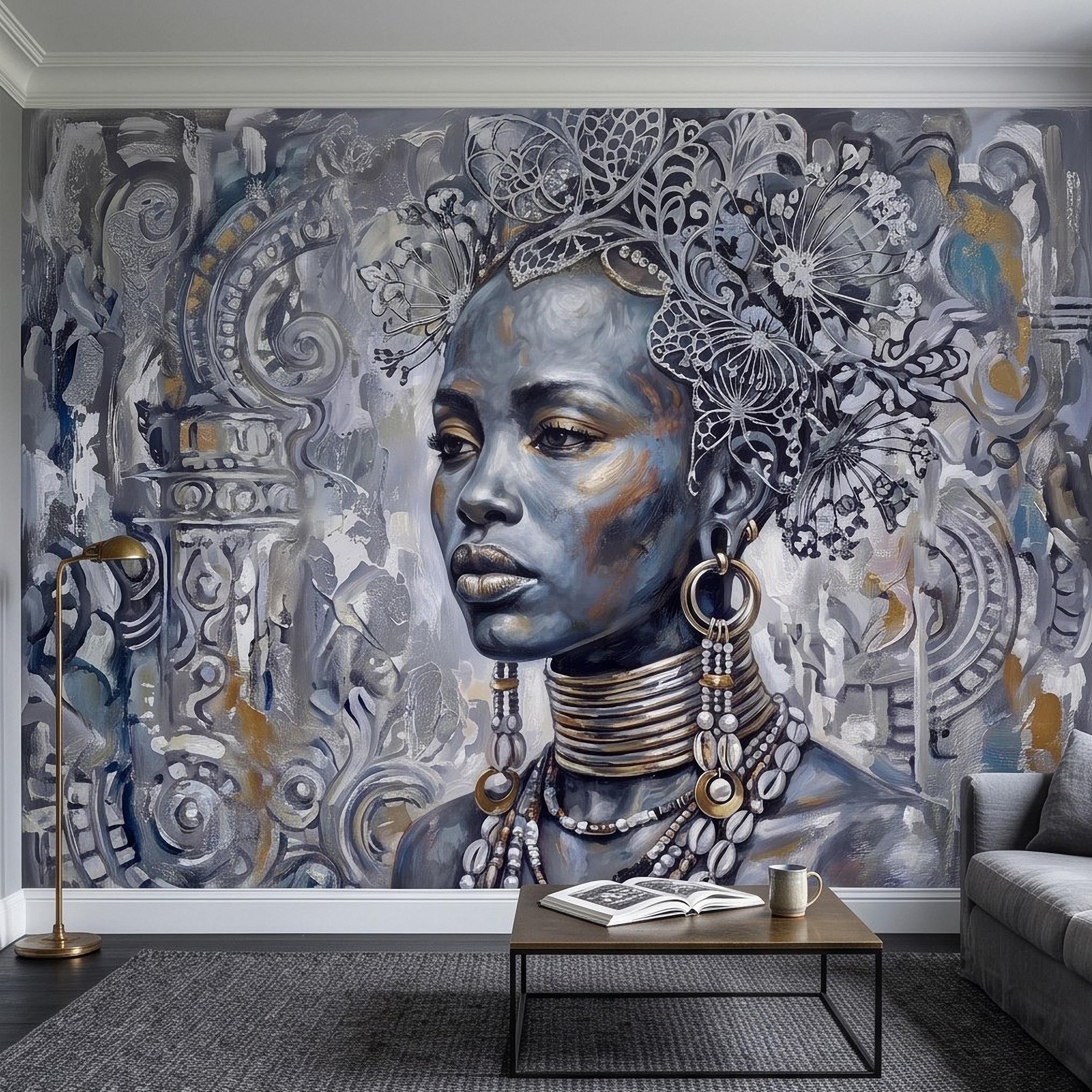 Abstract Female Portrait Peel and Stick Wall Mural, Butterfly Headdress Blue Gray Figurative Woman Ornamental Artistic Painting Wallpaper