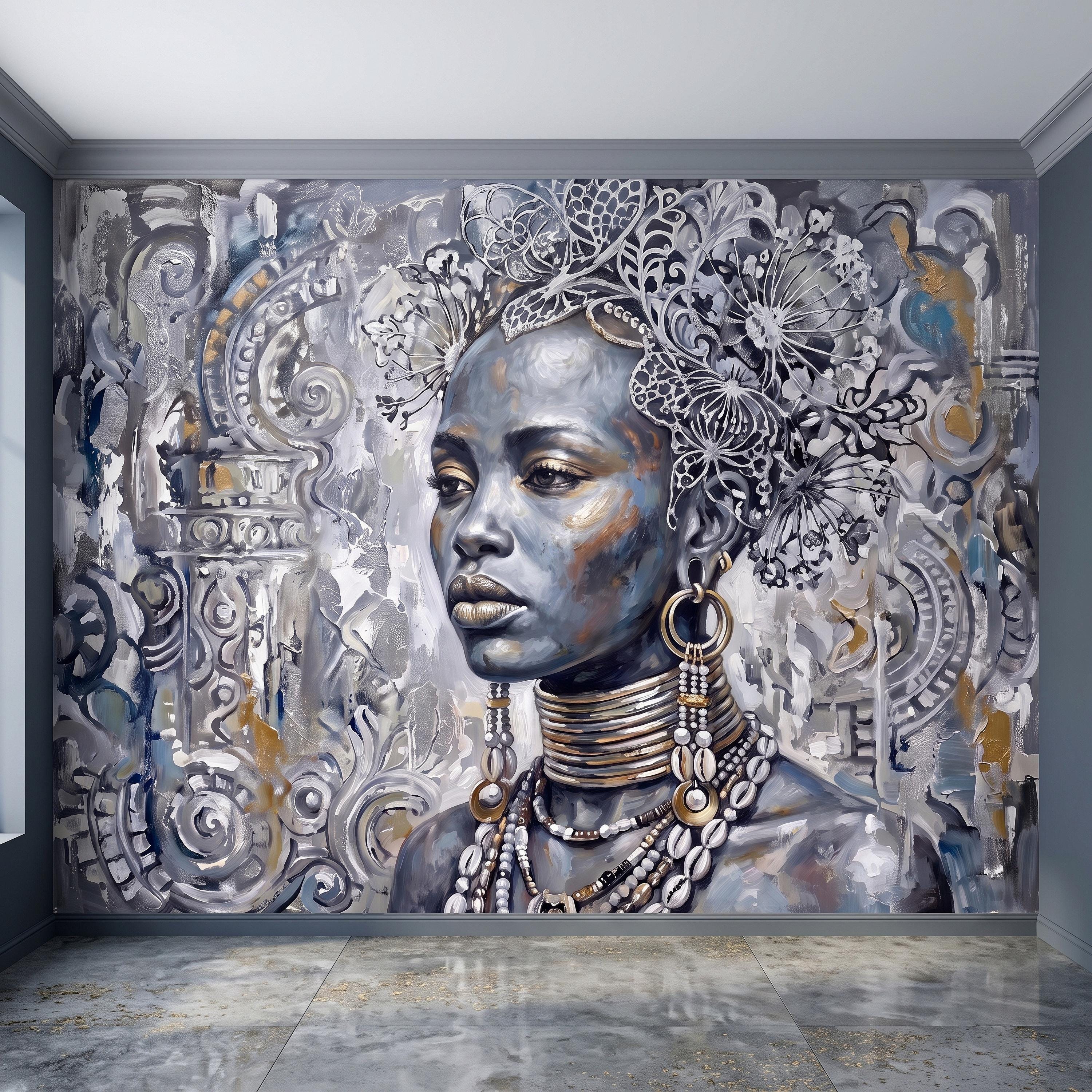 Abstract Female Portrait Peel and Stick Wall Mural, Butterfly Headdress Blue Gray Figurative Woman Ornamental Artistic Painting Wallpaper