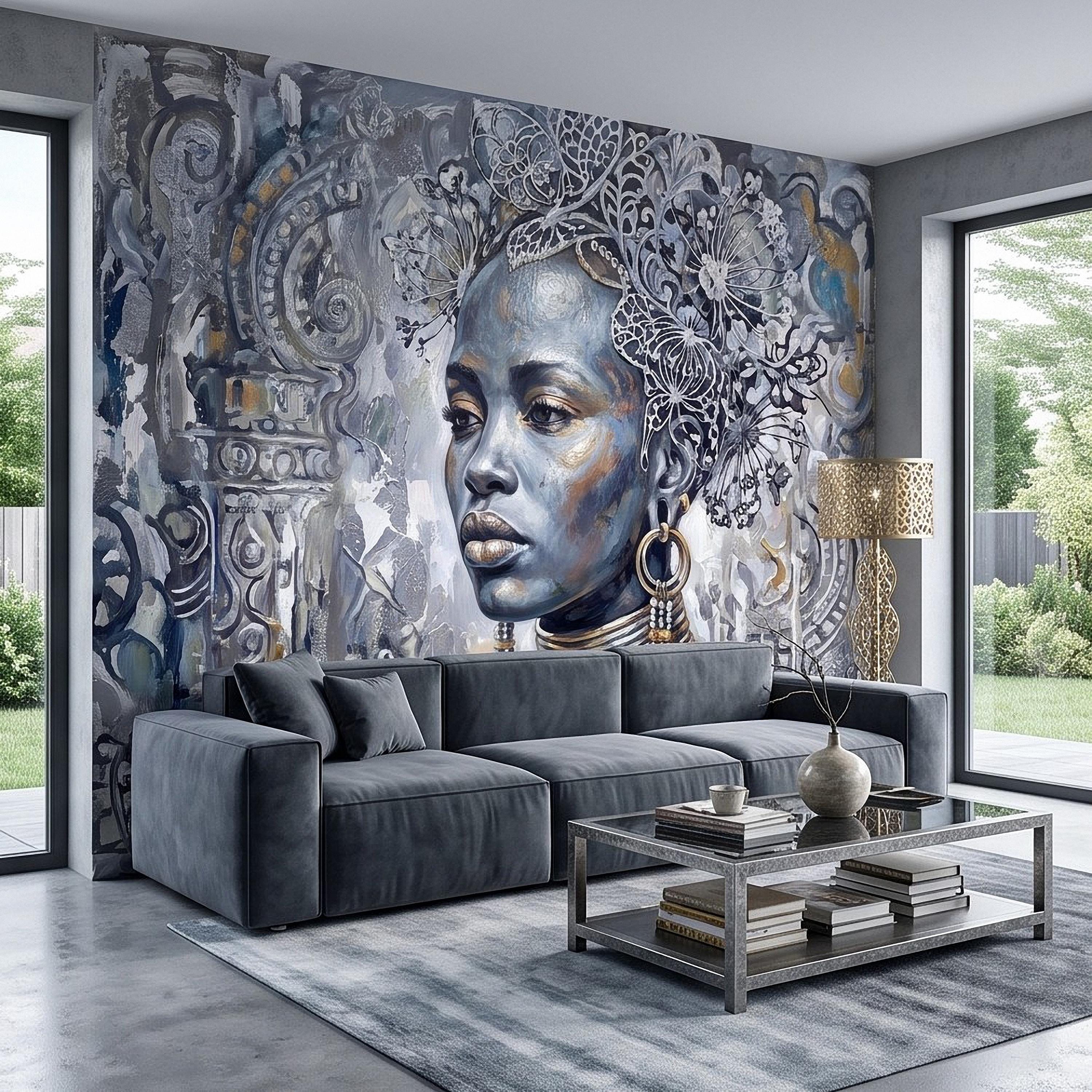 Abstract Female Portrait Peel and Stick Wall Mural, Butterfly Headdress Blue Gray Figurative Woman Ornamental Artistic Painting Wallpaper